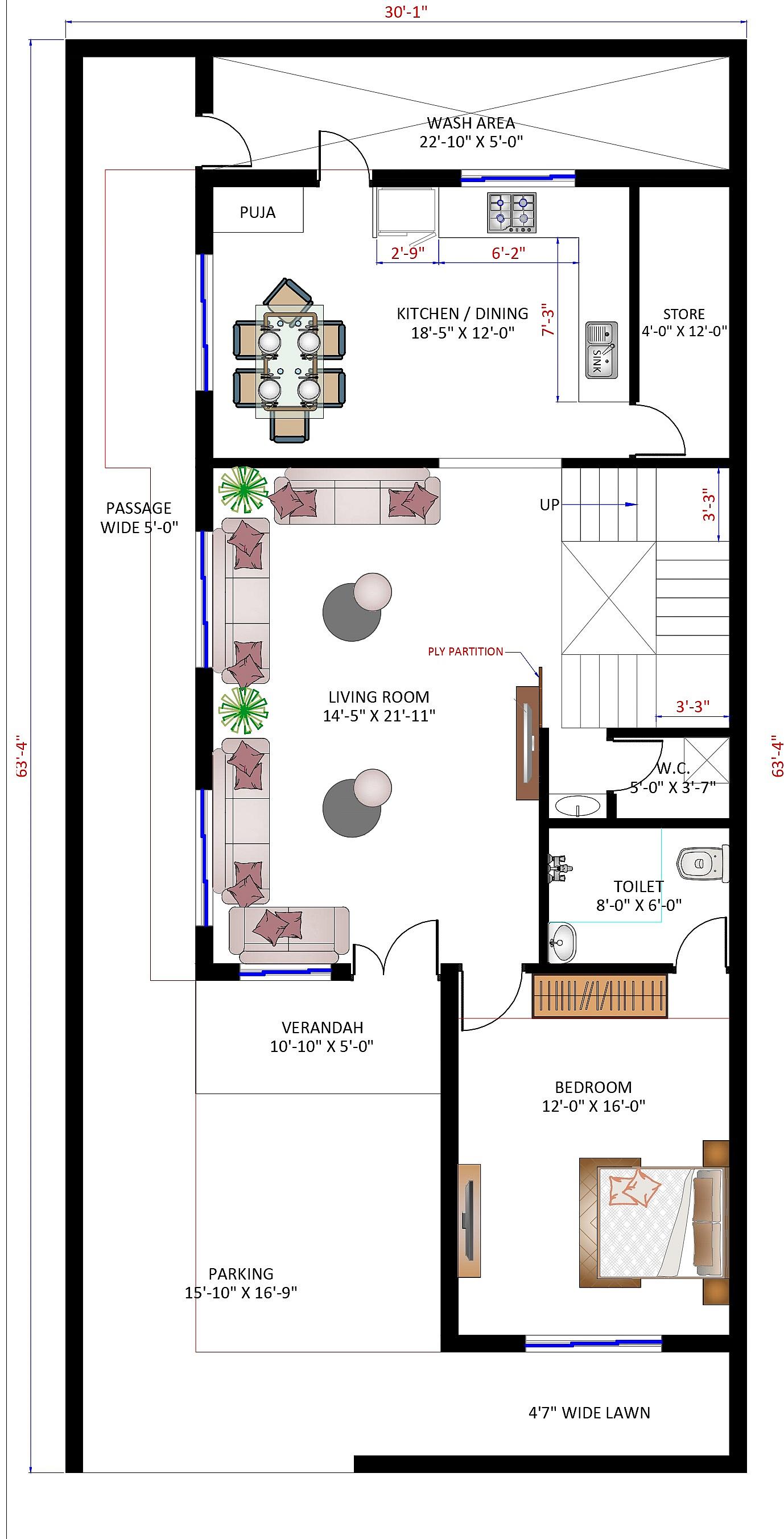 30X65 house plan- 1950 sqft Residential house design At Pandharpur