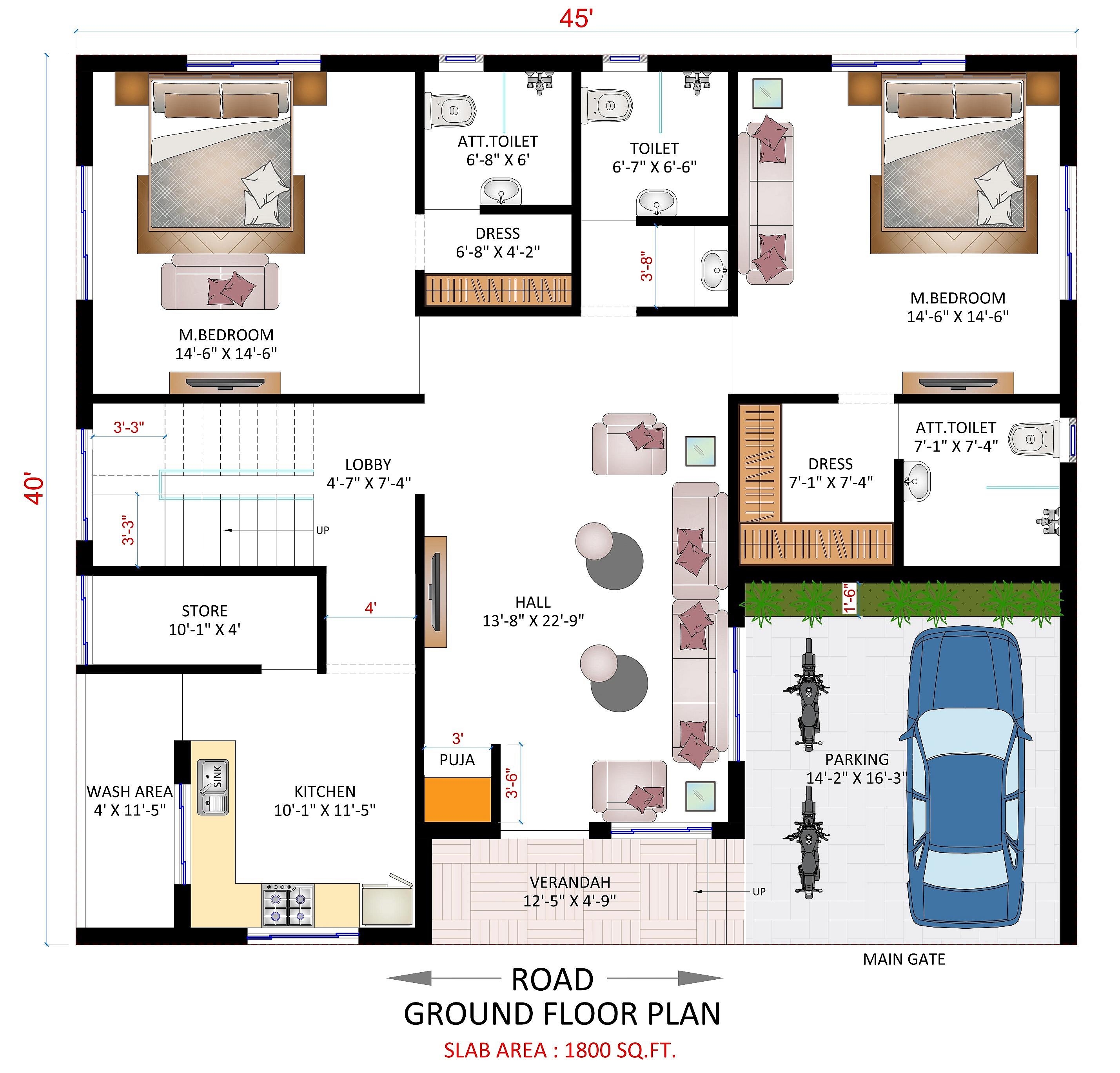45X40 house plan- 1800 sqft Residential house design At ASHOK VATIKA — photo 2 — Project ID 6201