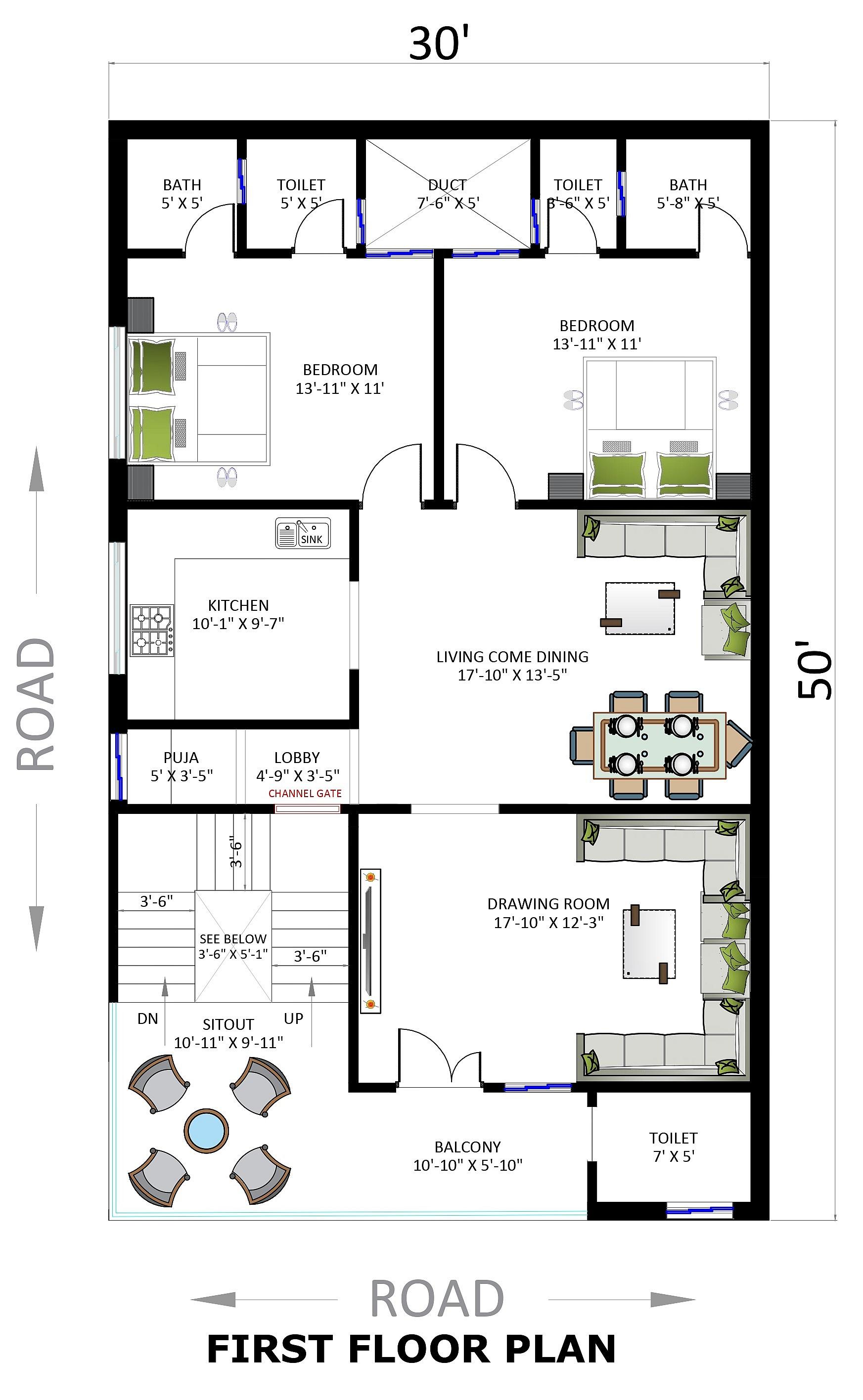 30X50 house plan- 1500 sqft Residential house design At Palwal thumbnail 2 — Project ID 6216