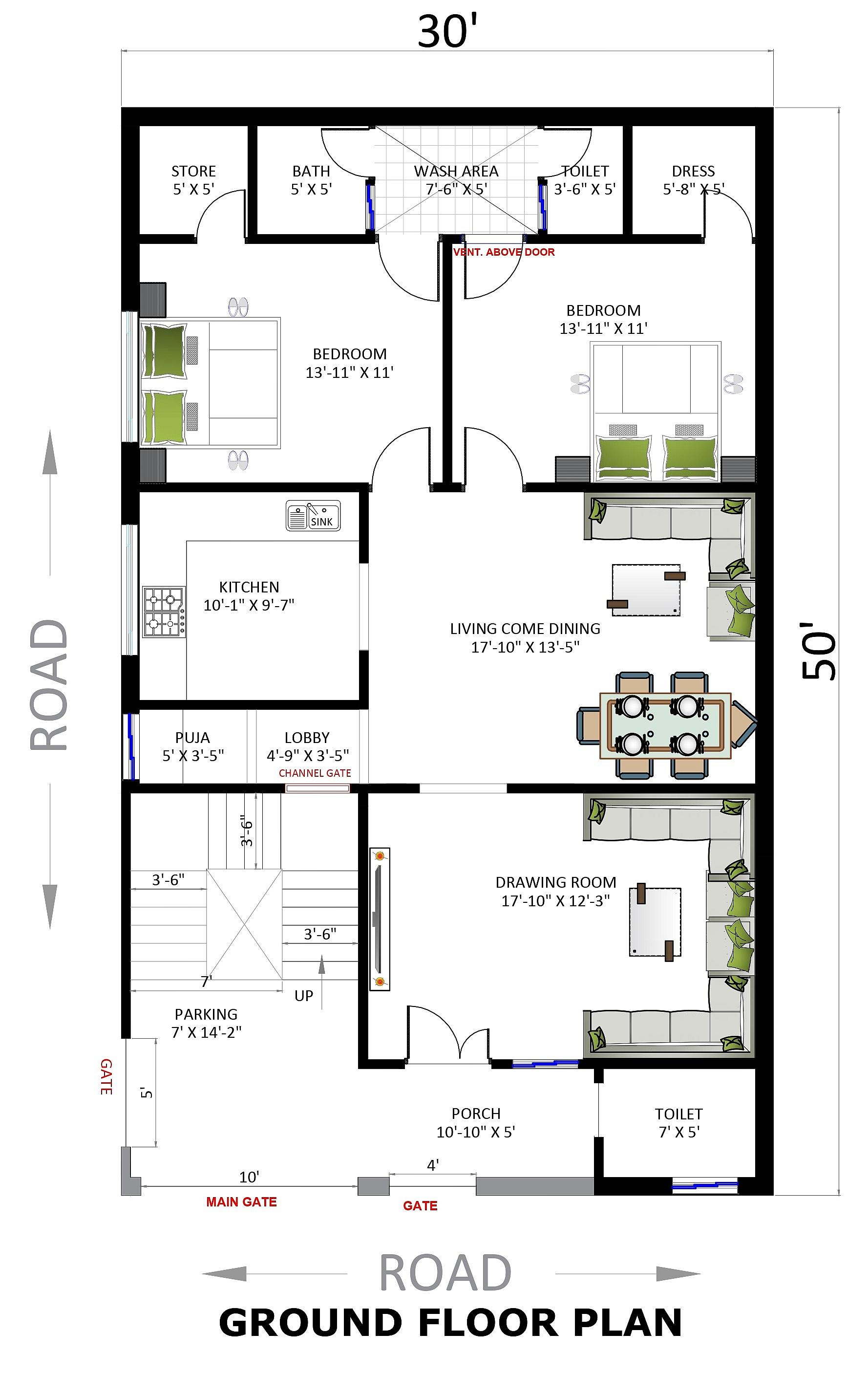 30X50 house plan- 1500 sqft Residential house design At Palwal [HR]