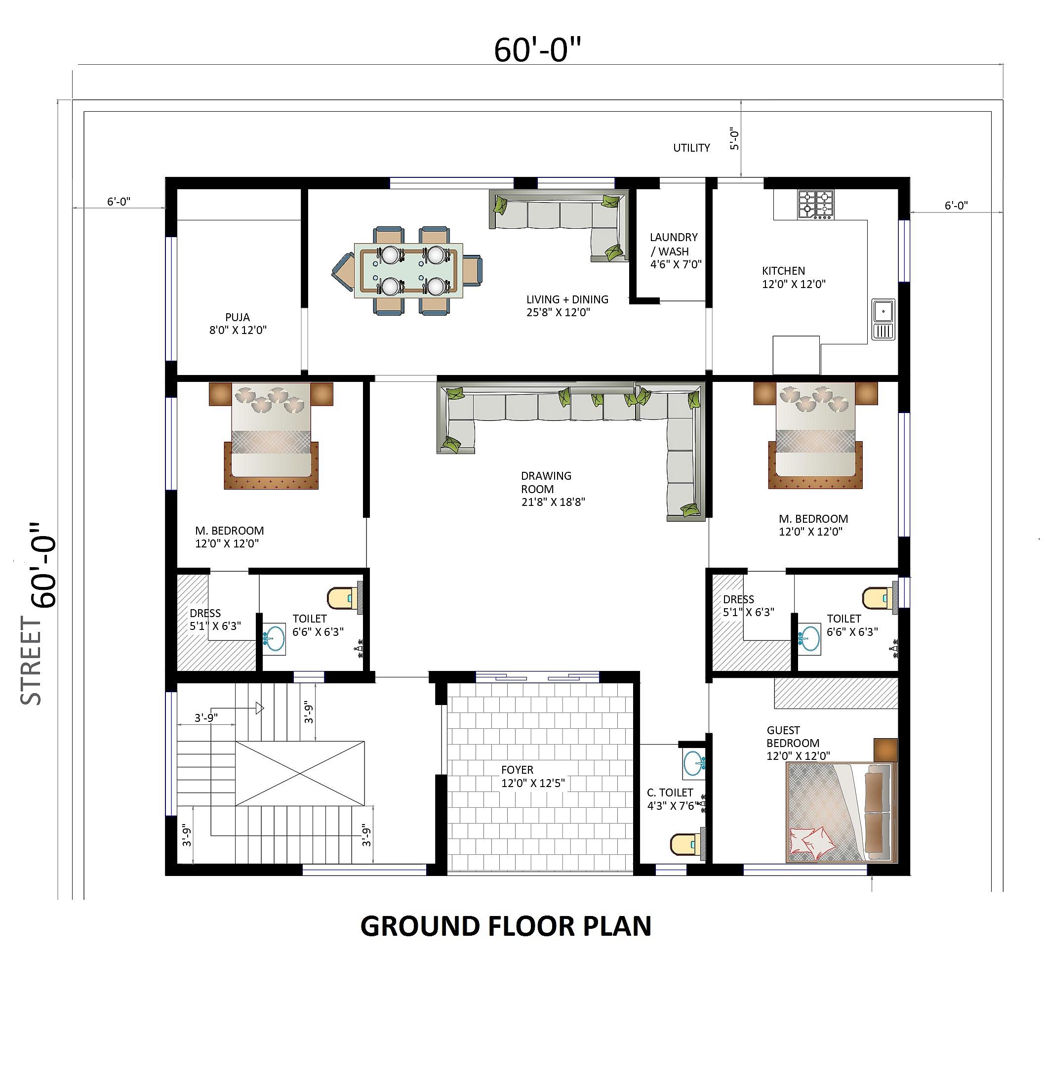60X60 house plan- 3600 sqft Residential house design At Una [HP]