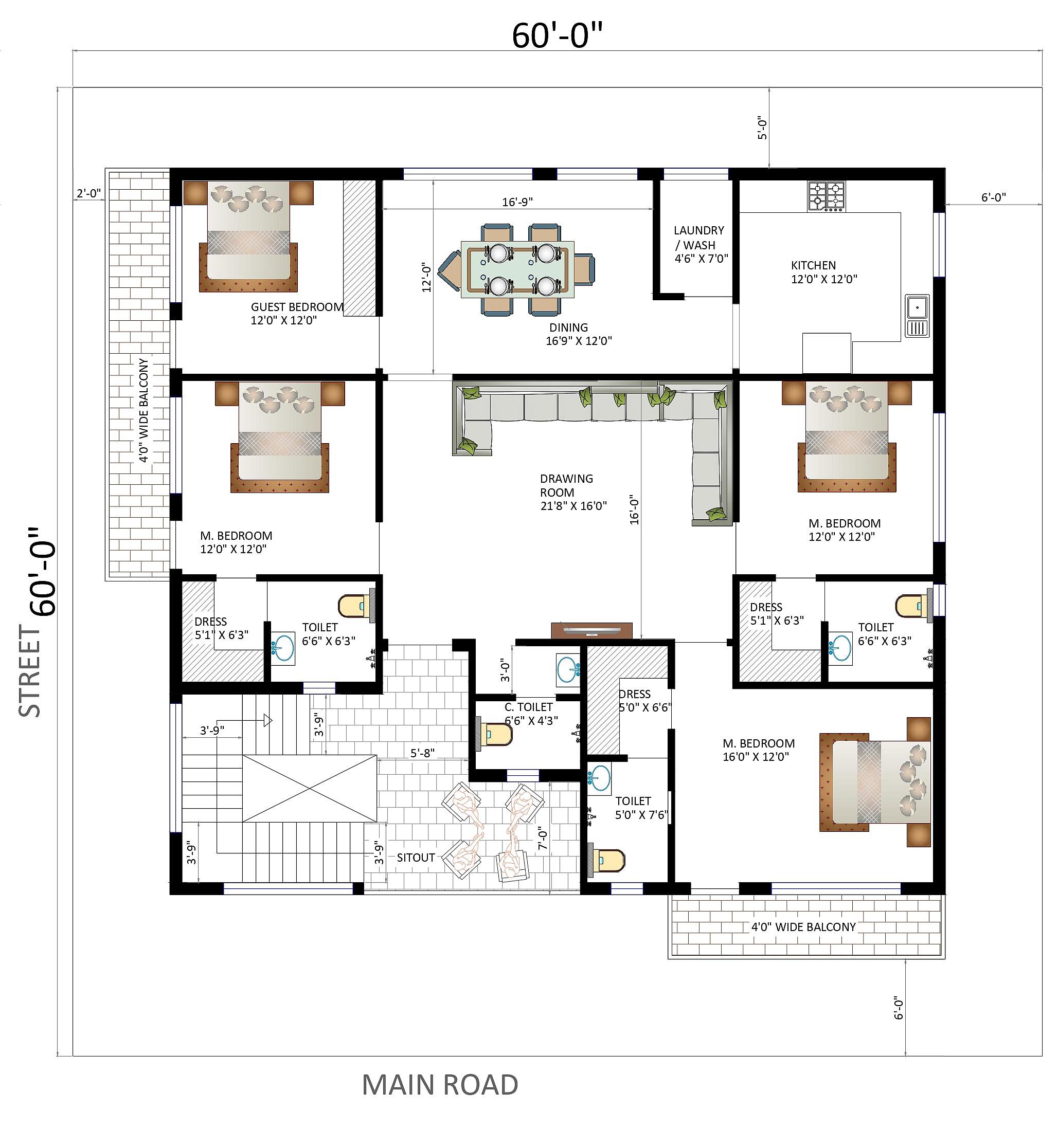 60X60 house plan- 3600 sqft Residential house design At Una thumbnail 2 — Project ID 6226