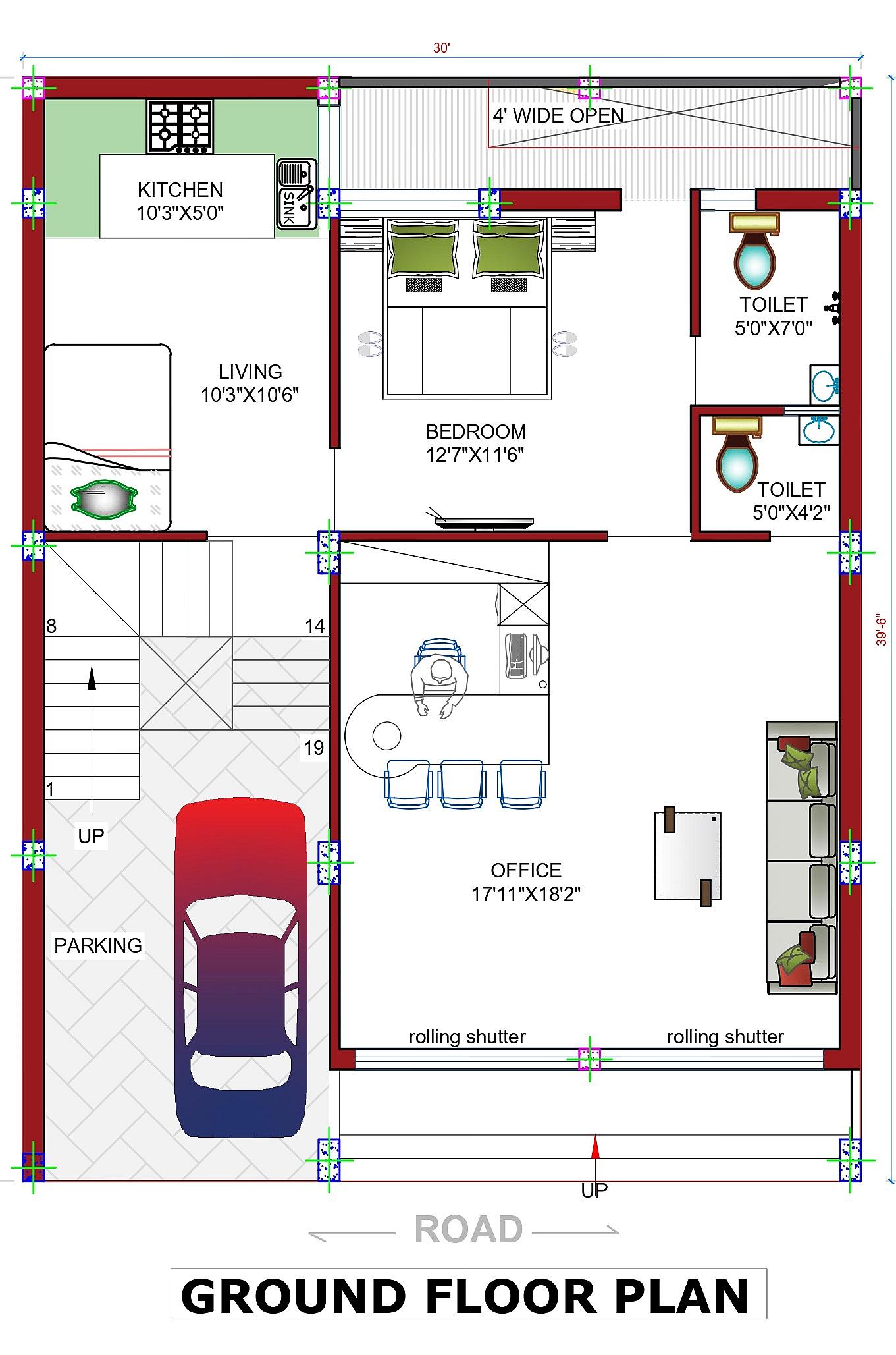 30X40 House With Office  plan- 1200 sqft Residential Cum Commercial house design At Bangalore [KA]