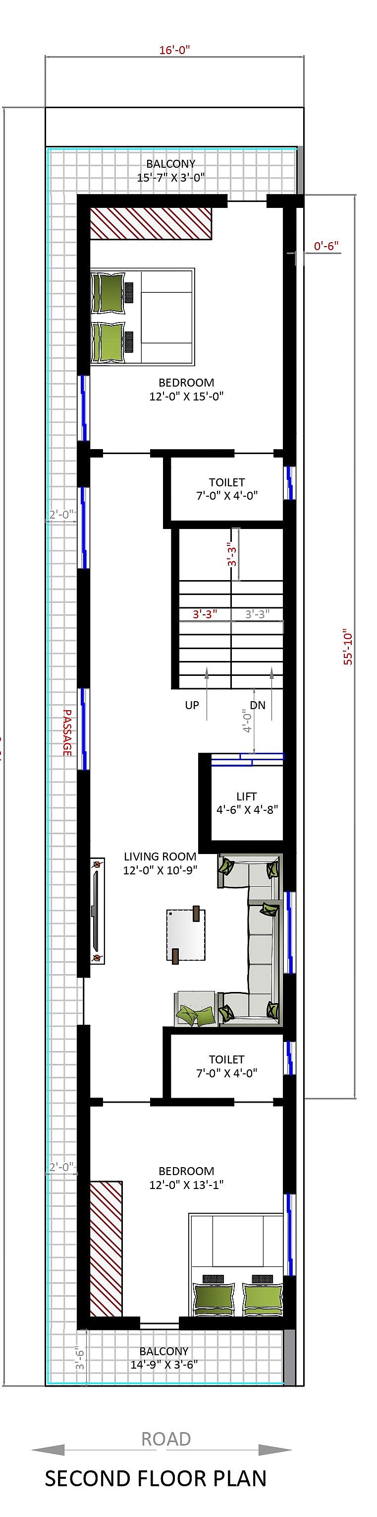 16X80 house plan- 1280 sqft Residential house design At Hyderabad thumbnail 3 — Project ID 6235