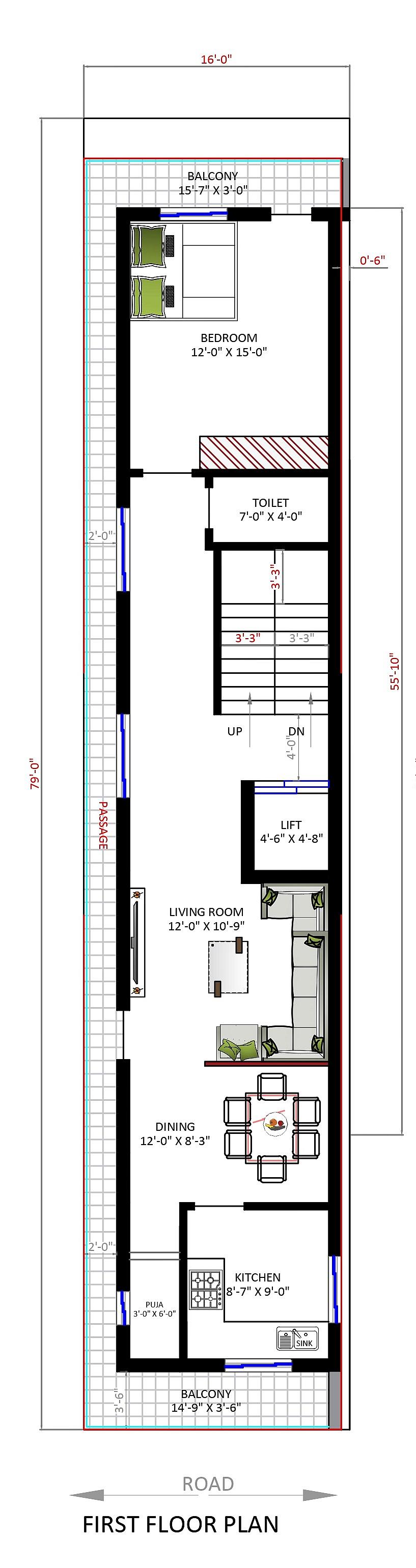 16X80 house plan- 1280 sqft Residential house design At Hyderabad thumbnail 2 — Project ID 6235