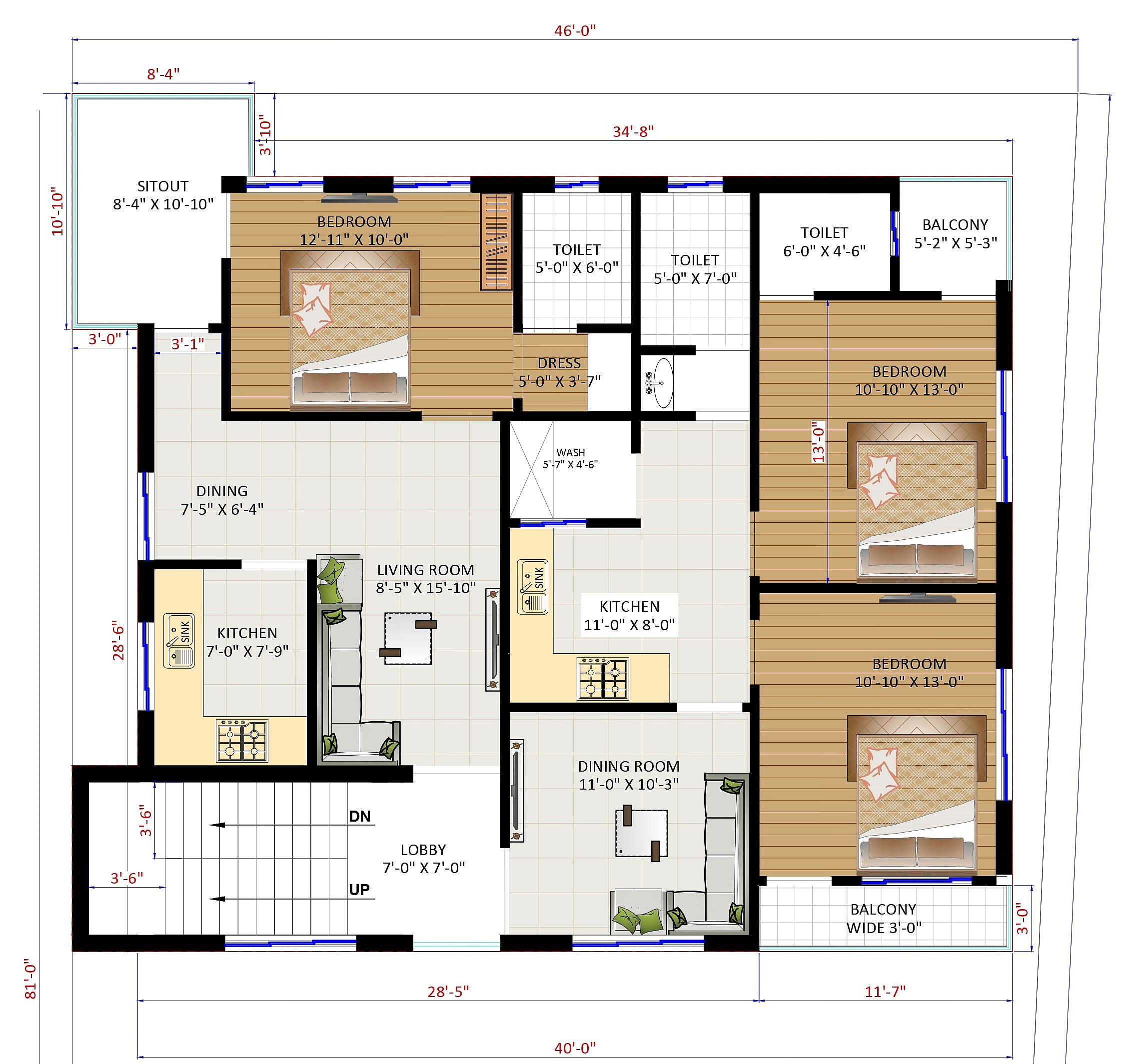 46X40 house plan- 1840 sqft Residential Cum Commercial house design At Rourkela thumbnail 4 — Project ID 6238