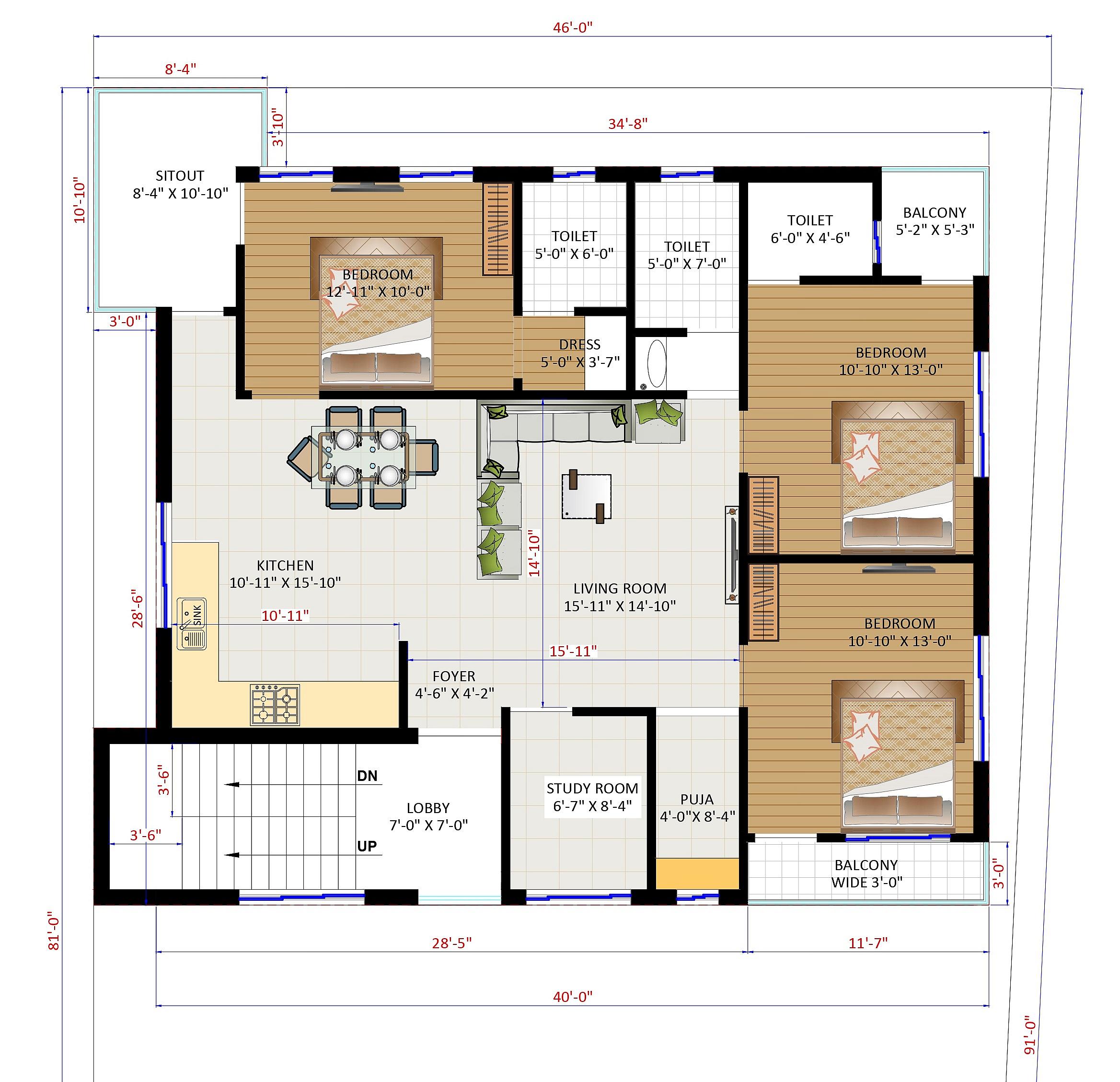 46X40 house plan- 1840 sqft Residential Cum Commercial house design At Rourkela thumbnail 3 — Project ID 6238