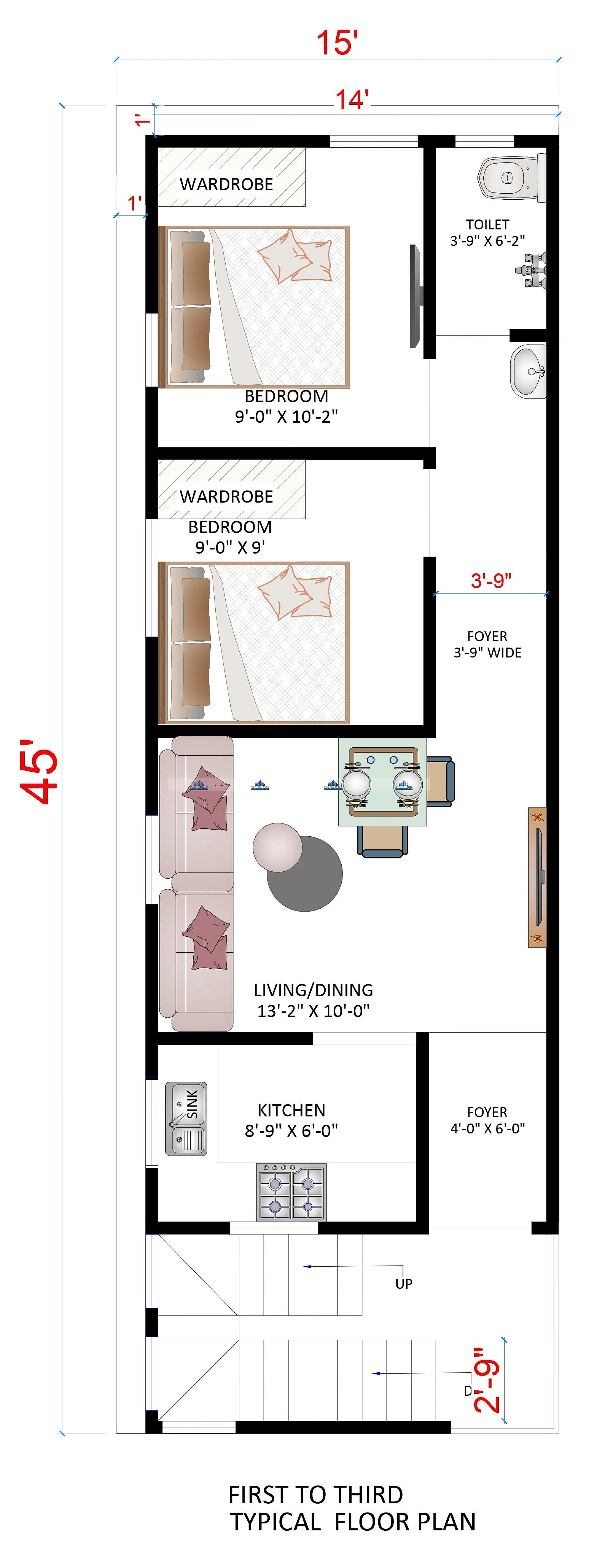 15X45 Multi Storey Residential Plan- 675 sq ft Residential Cum Commercial House Design at Bangalore thumbnail 3 — Project ID 6295