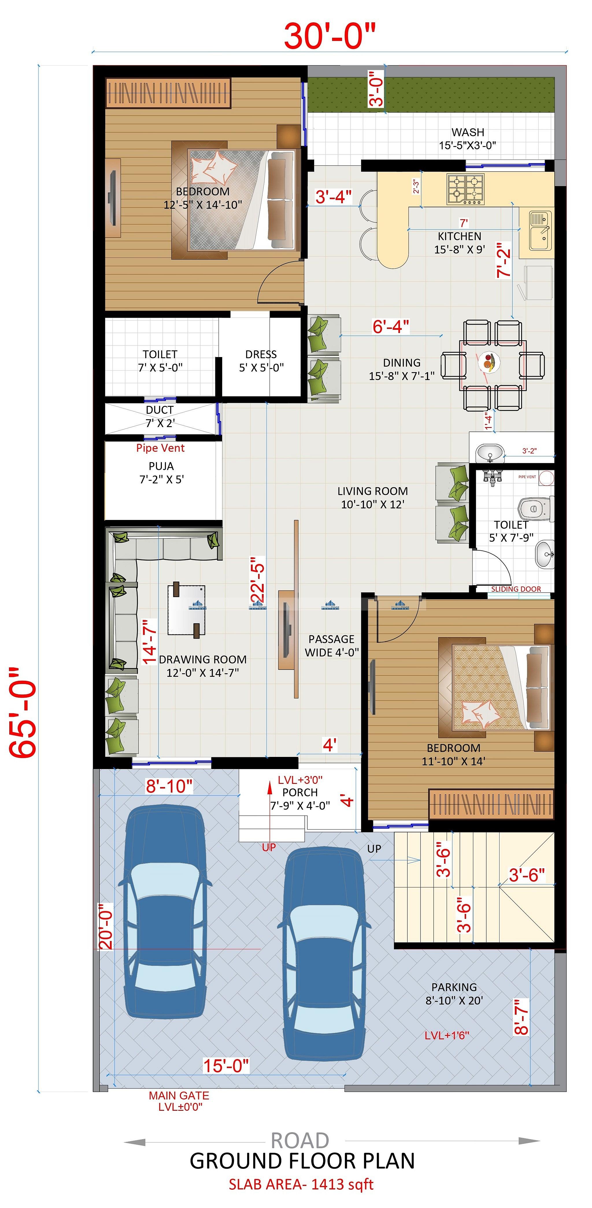 30X65 house plan- 1950 sqft Residential house design At Hoshiarpur thumbnail 2 — Project ID 6296