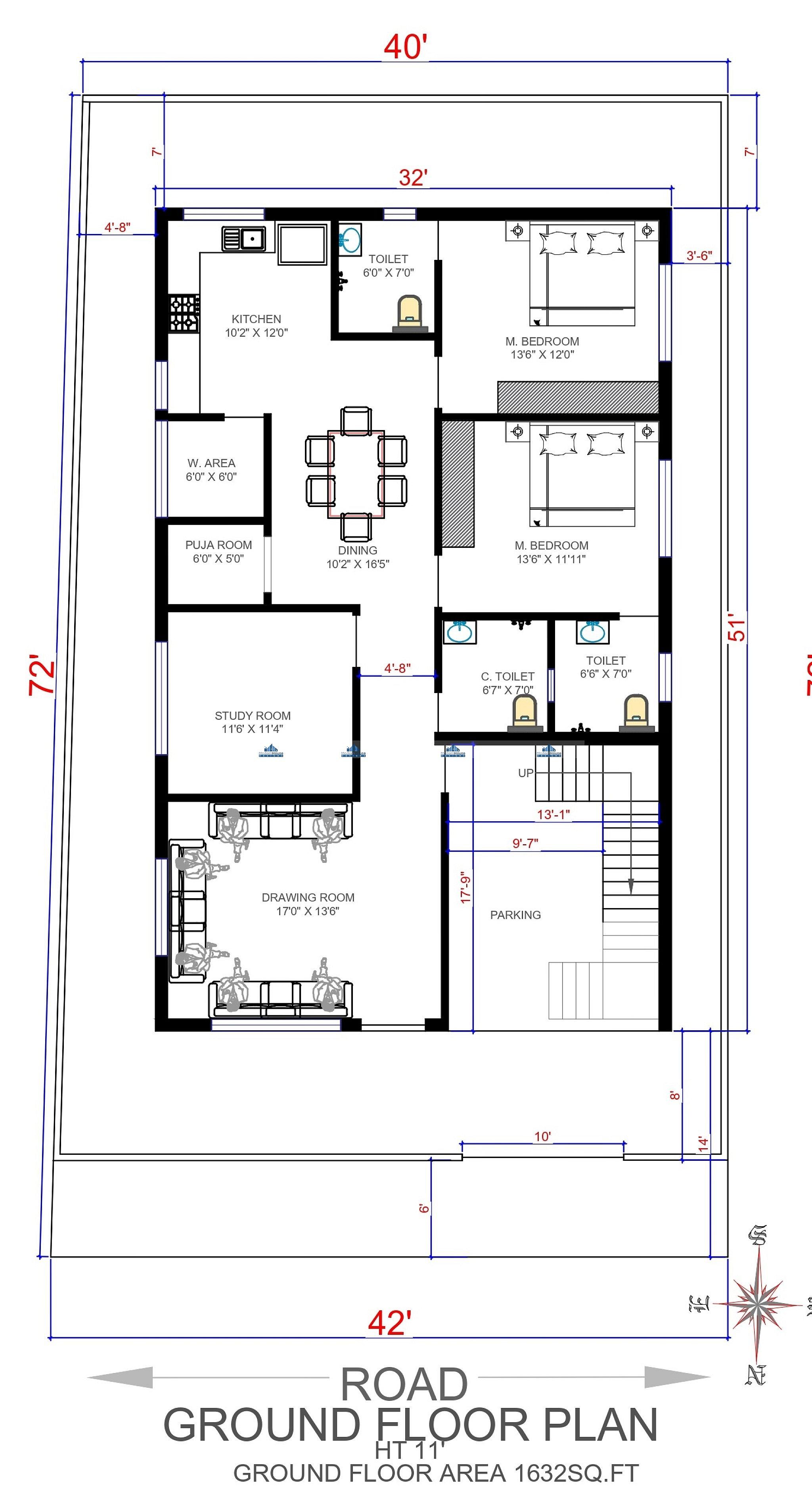 40X72 house plan- 2880 sqft Residential house design At Patna thumbnail 2 — Project ID 6298