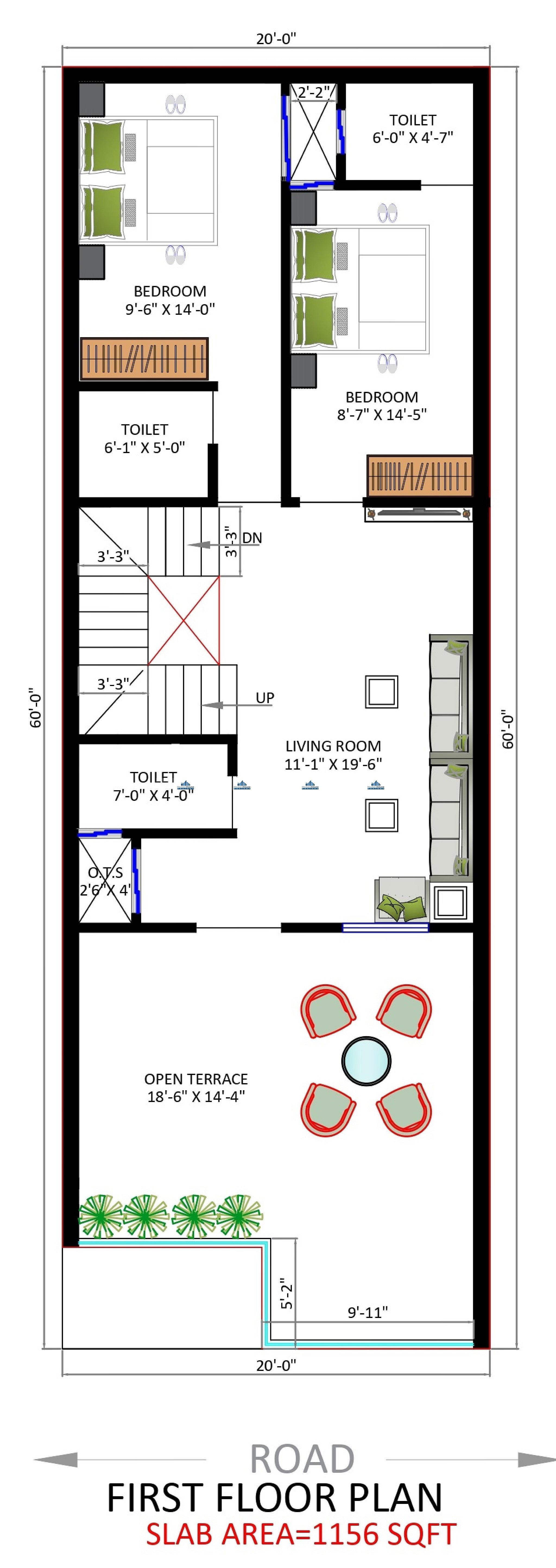 20X60 house plan- 1200 sqft Residential house design At Tirupur thumbnail 2 — Project ID 6302