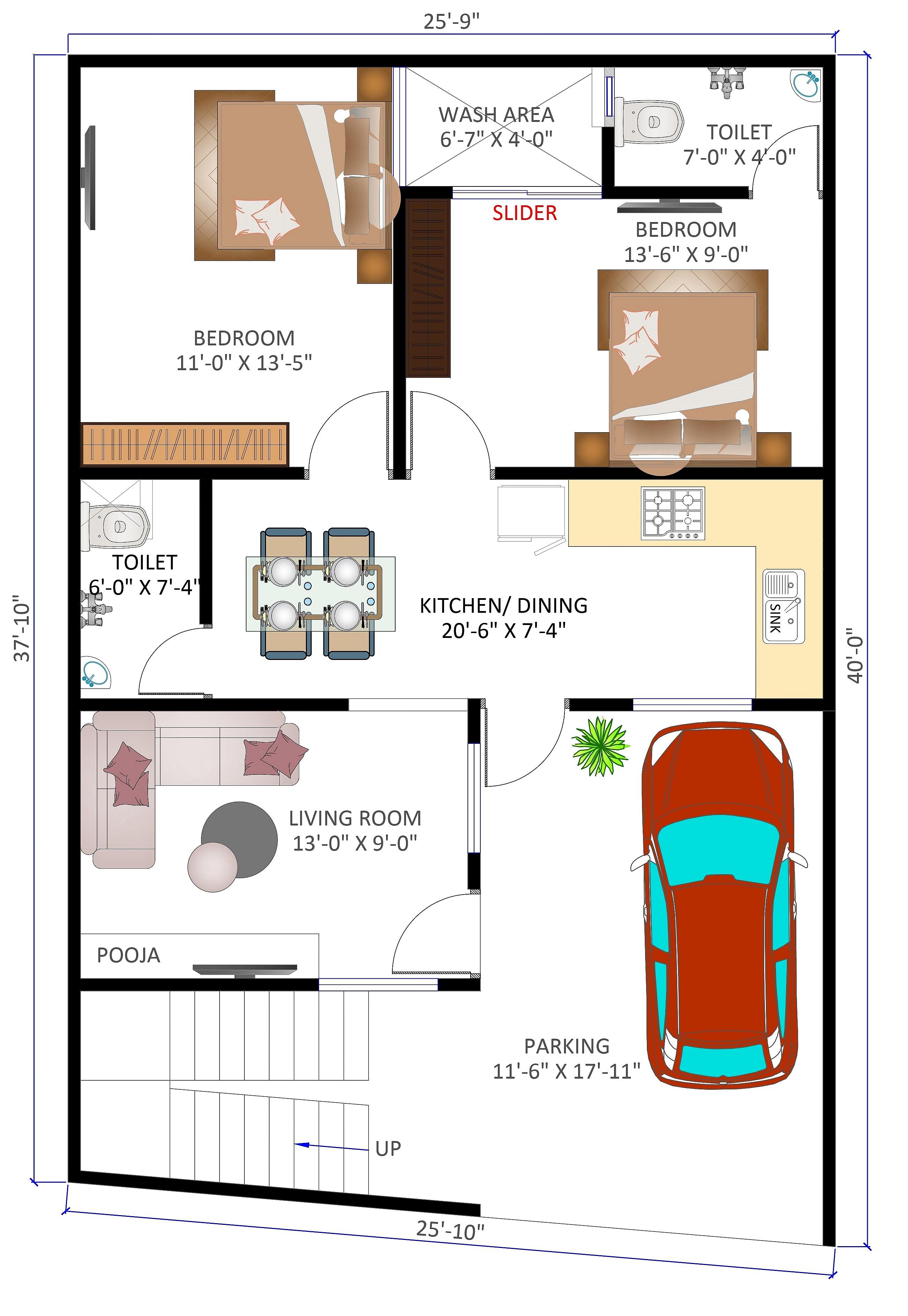 25X40 house plan- 80 sqft Residential house design At Lucknow thumbnail 2 — Project ID 6308