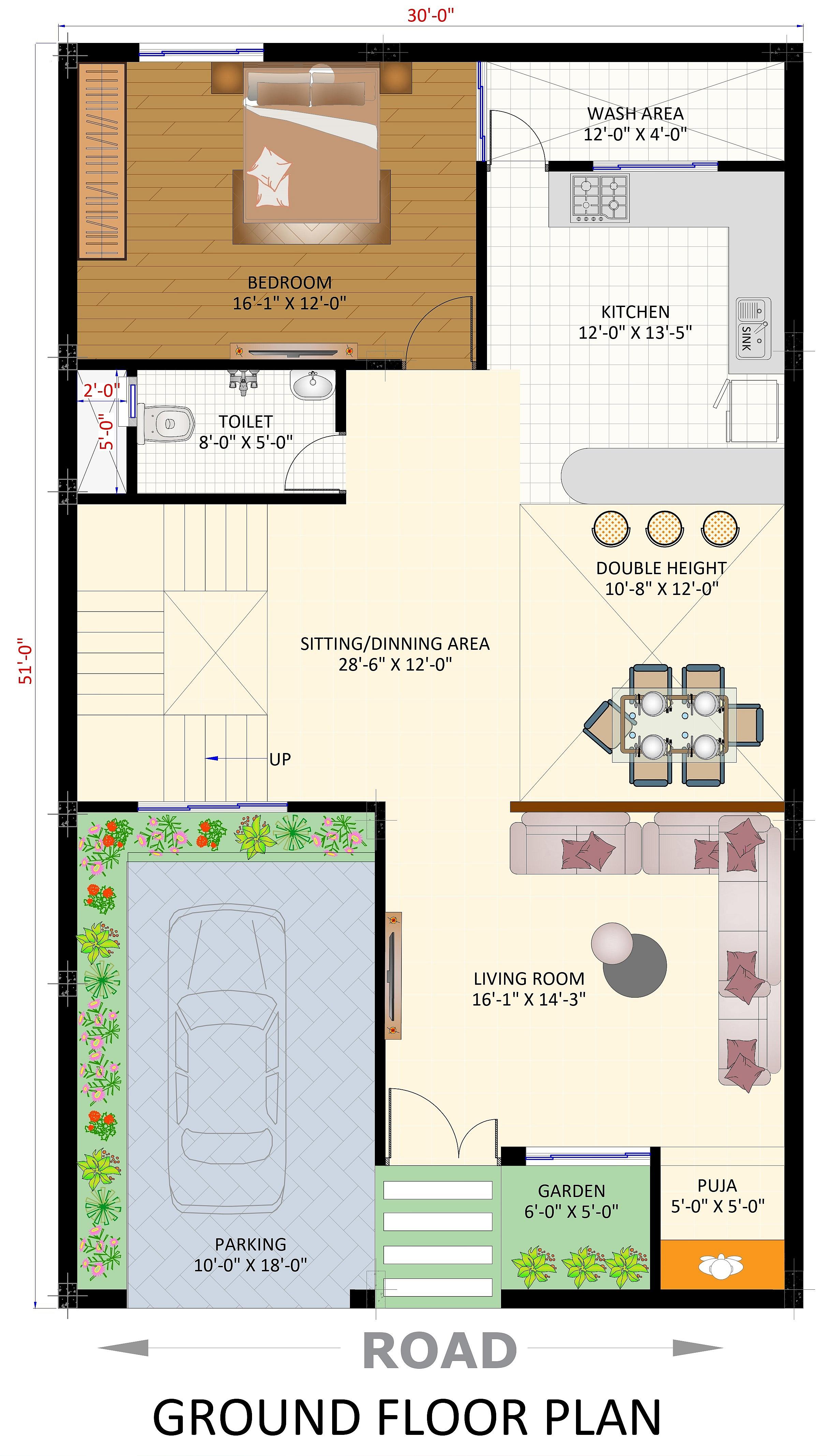 30X50 house plan- 1500 sqft Residential house design At Valsad — photo 1 — Project ID 6312