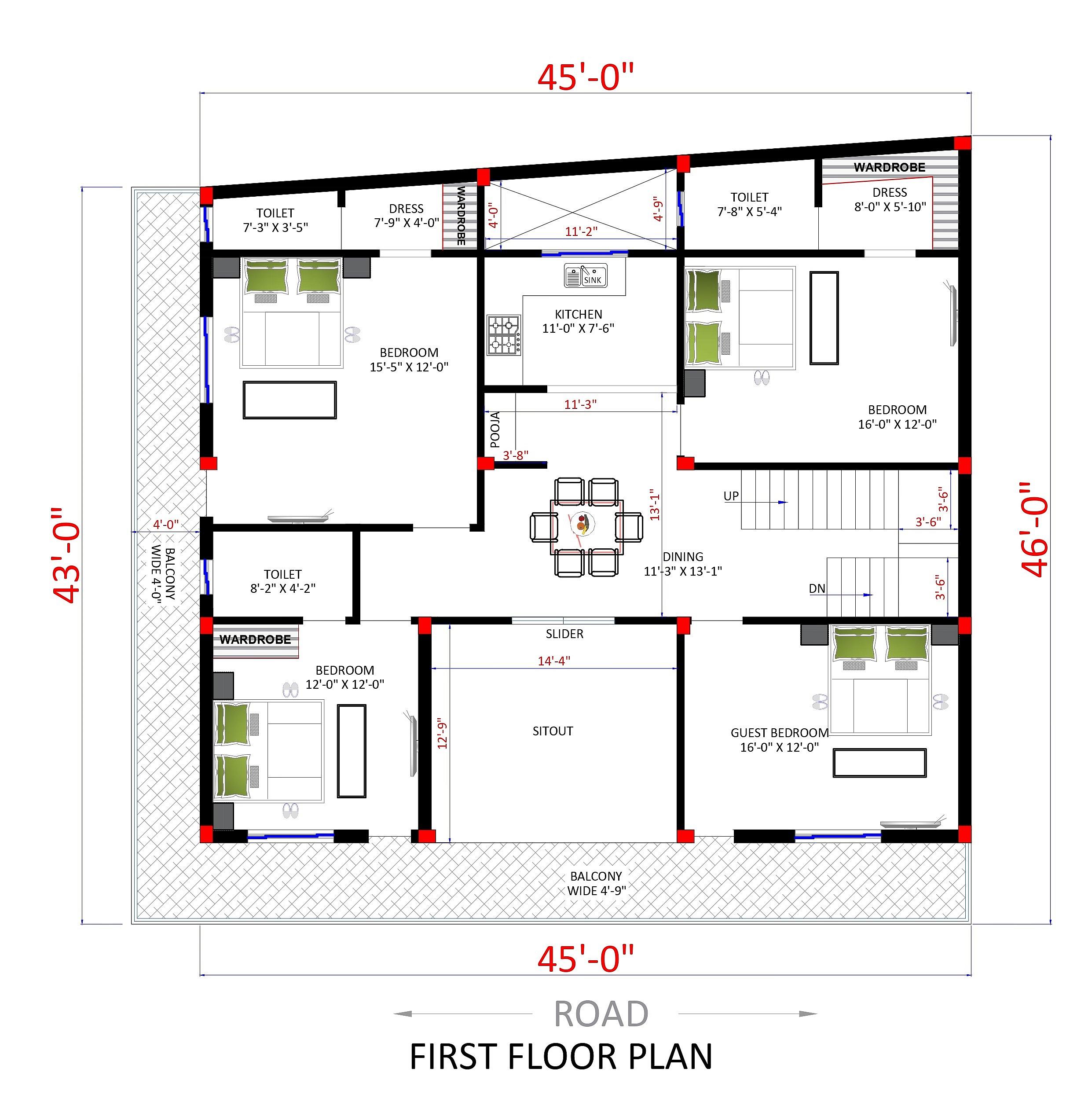 45X43 house plan- 1935 sqft Residential house design At NewDelhi thumbnail 3 — Project ID 6315