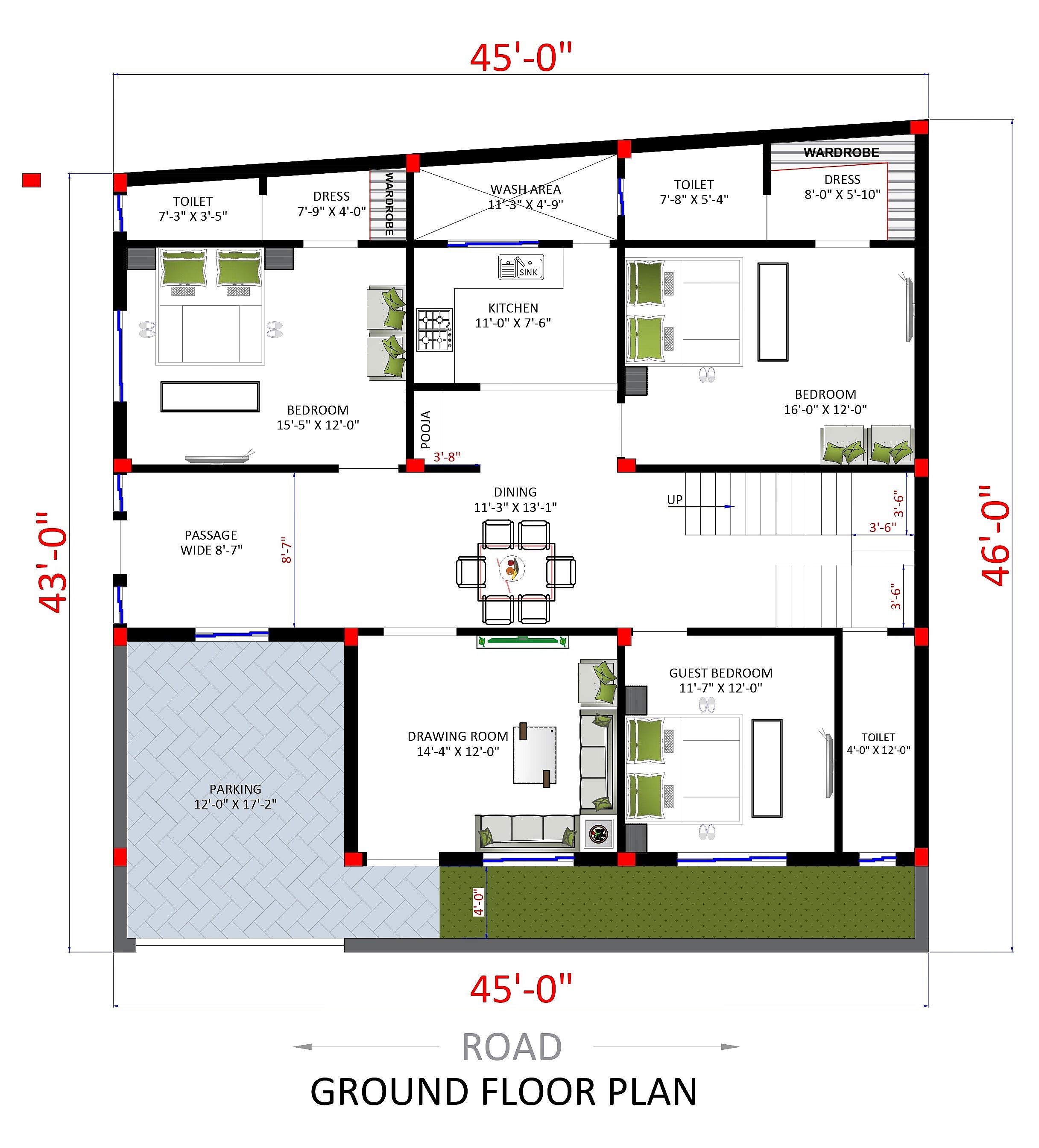 45X43 house plan- 1935 sqft Residential house design At NewDelhi thumbnail 2 — Project ID 6315