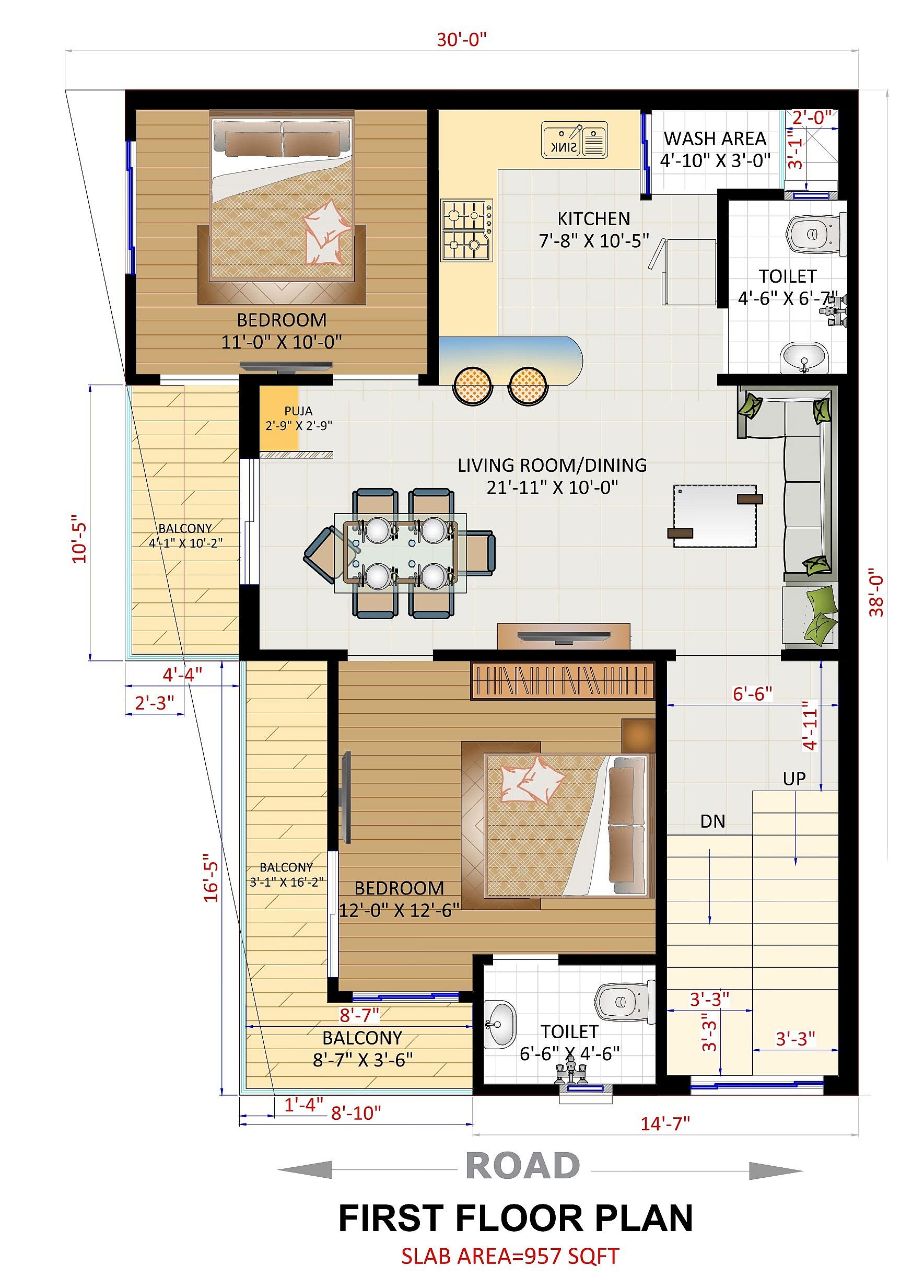 30X38 house plan- 1140 sqft Residential house design At Surat thumbnail 3 — Project ID 6316