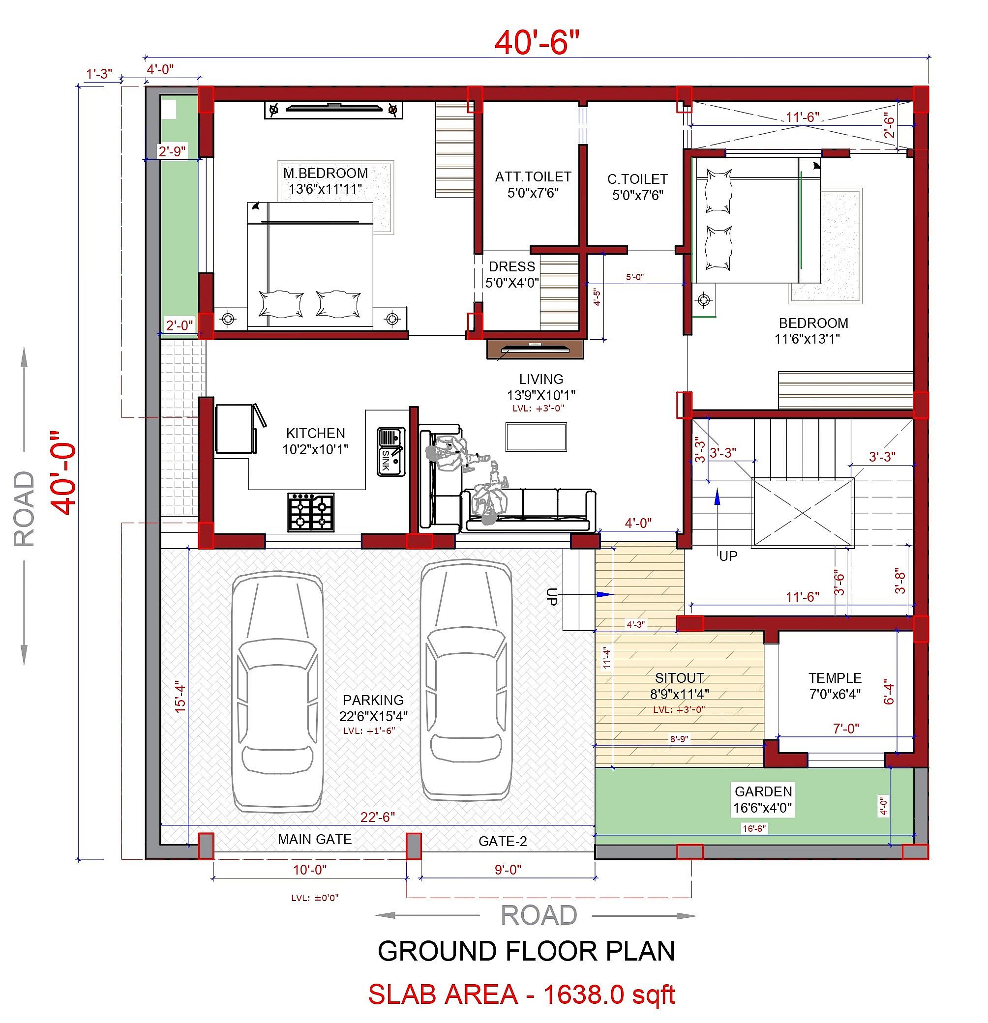 40X40 house plan- 1600 sqft Residential house design At Lucknow thumbnail 2 — Project ID 6318