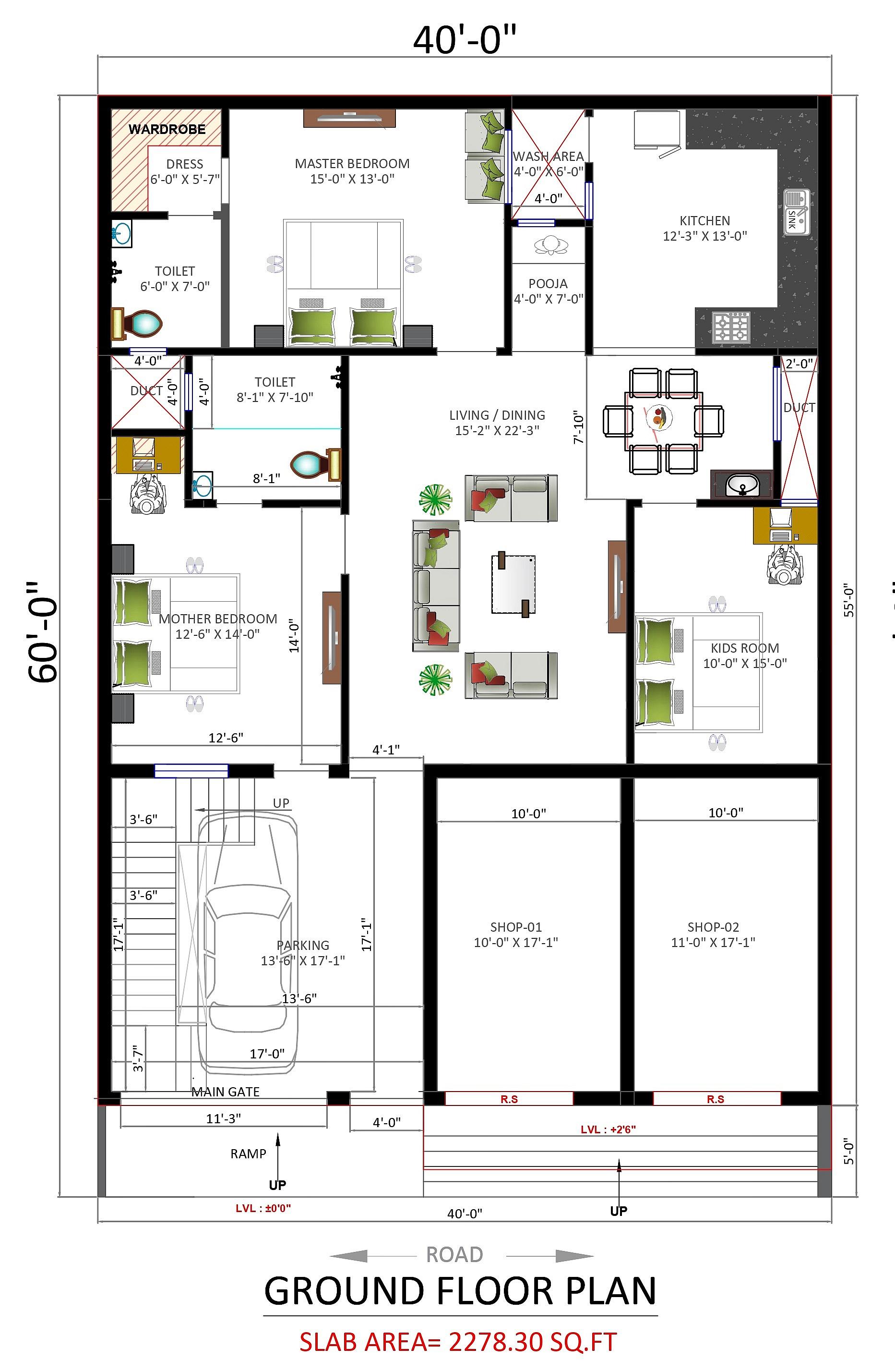 40X60 House With Shop plan- 2400 sqft Residential Cum Commercial house design At Chhatarpur thumbnail 2 — Project ID 6319