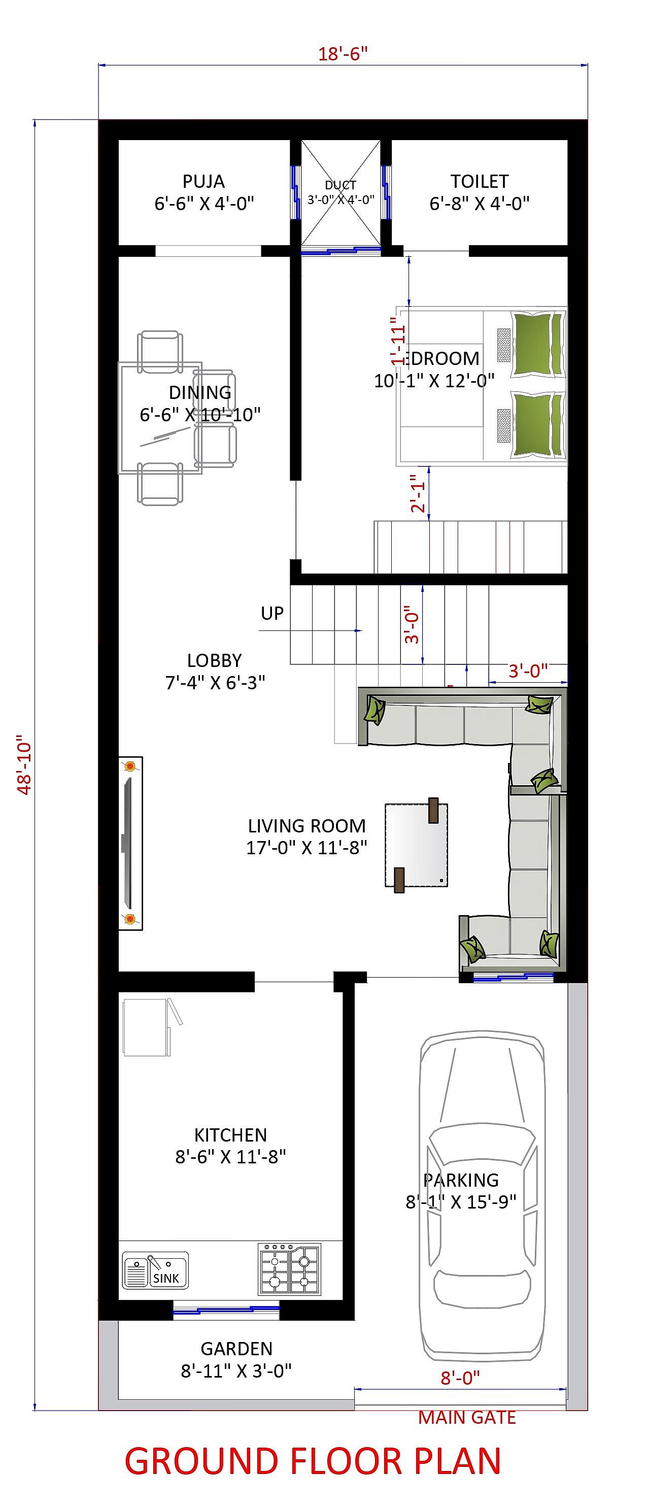 18X48 house plan- 864 sqft Residential house design At Jalandhar- thumbnail 2 — Project ID 6320