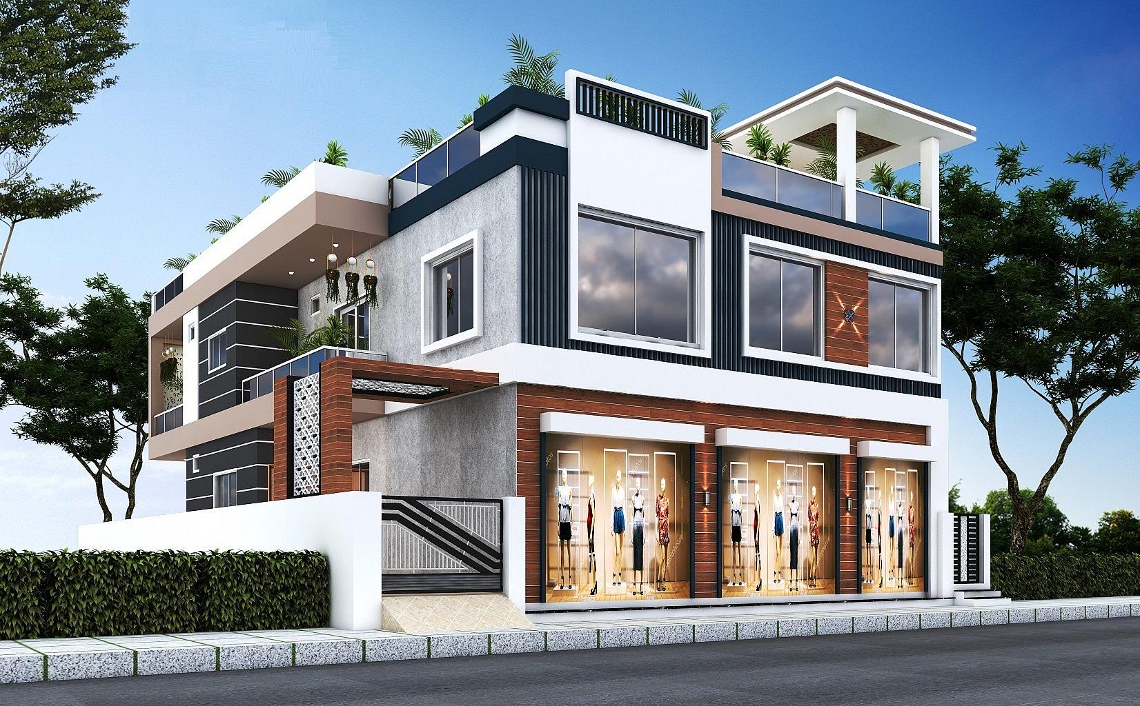 49X68 House With Shop plan- 3332 sqft Residential Cum Commercial house design At Nagpur [MH]