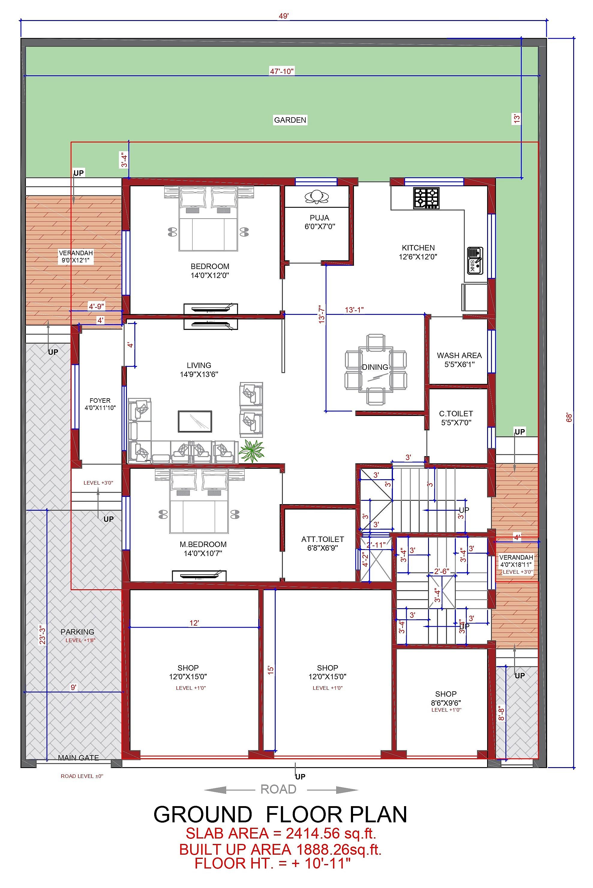 49X68 House With Shop plan- 3332 sqft Residential Cum Commercial house design At Nagpur thumbnail 2 — Project ID 6321