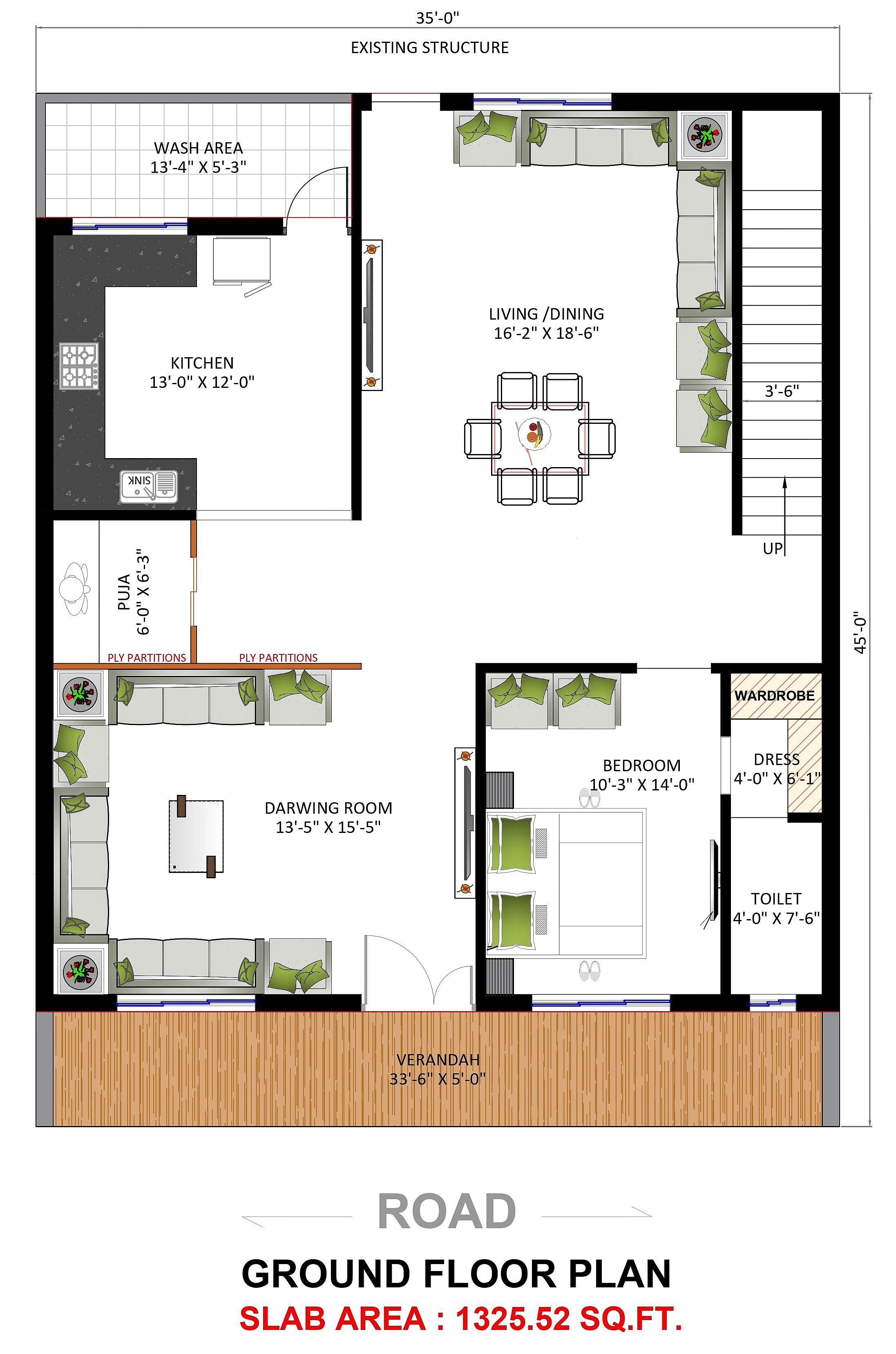 35X45 house plan- 1575 sqft Residential house design At Ghaziabad — photo 1 — Project ID 6338