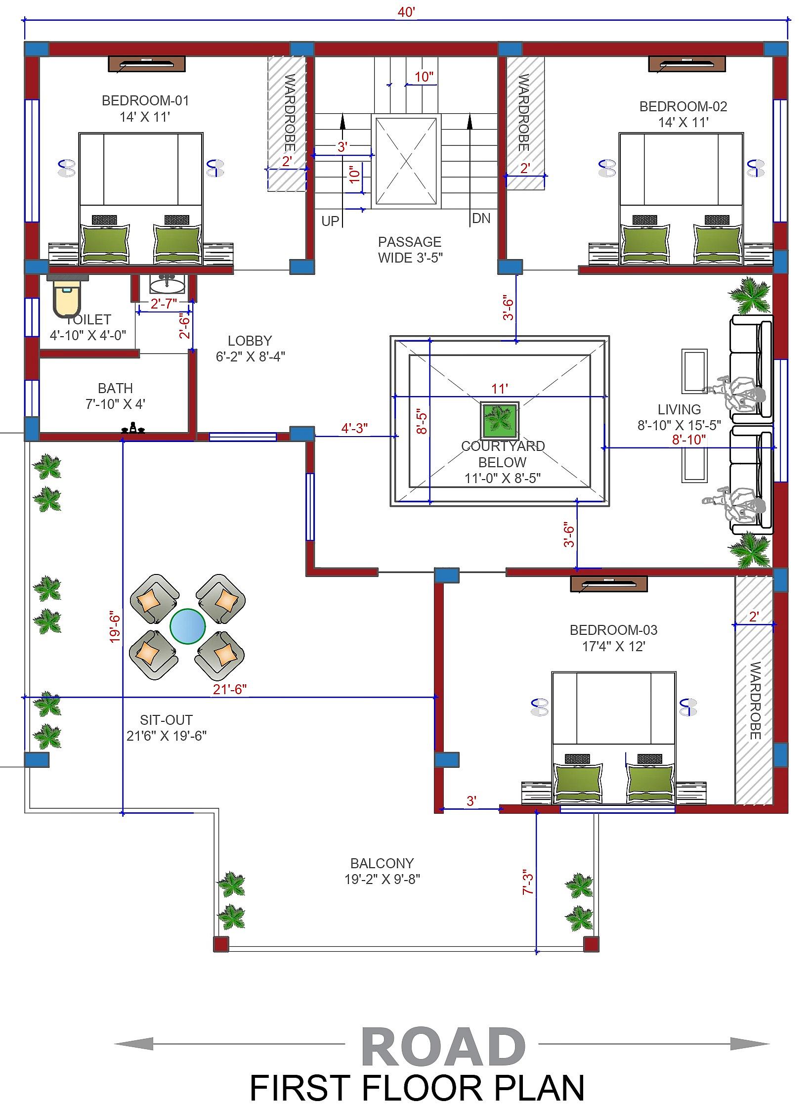 40X40 house plan- 1600 sqft Residential house design At RaeBareli thumbnail 3 — Project ID 6342