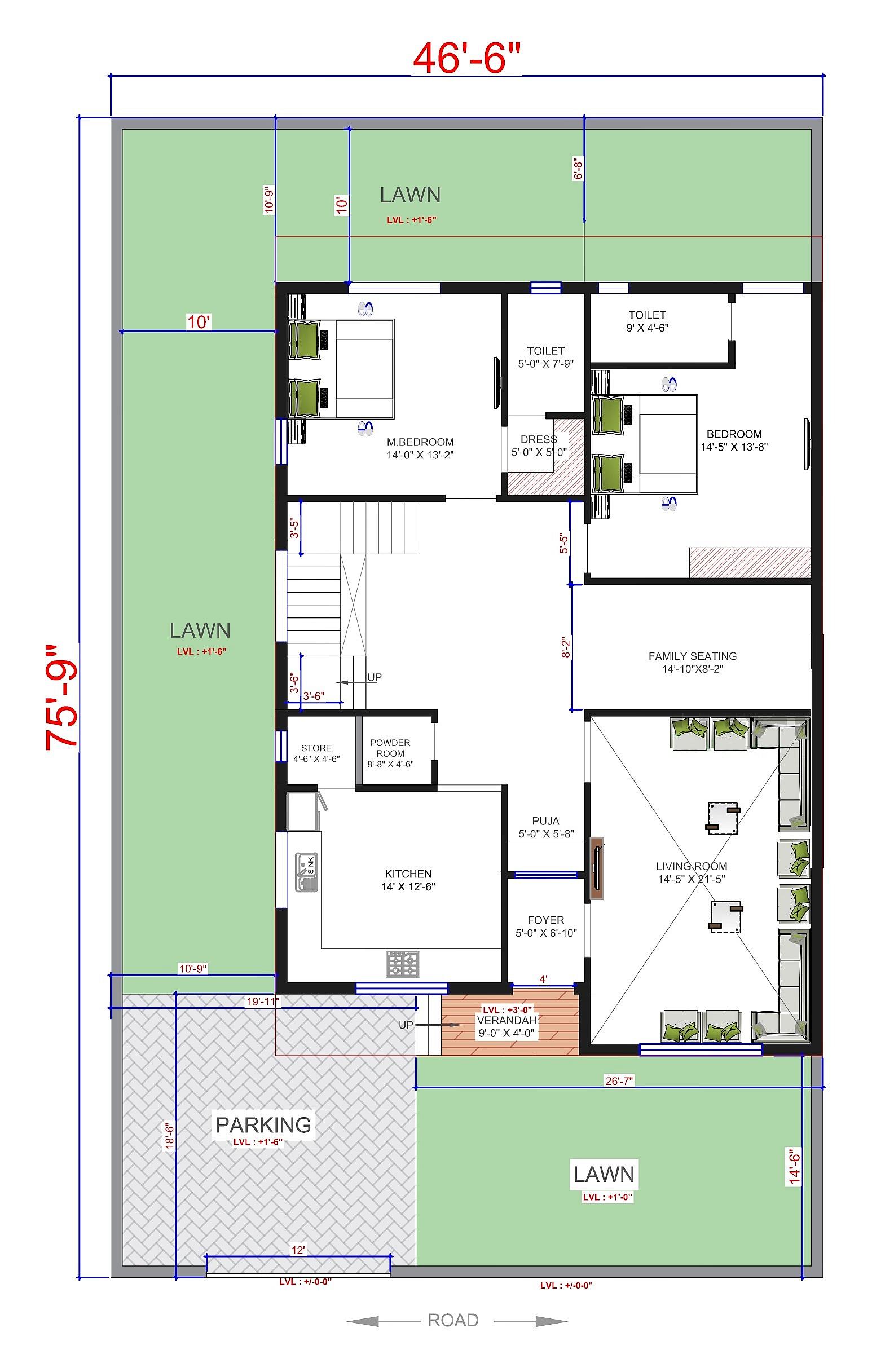 46X75 house plan- 3450 sqft Residential house design At Gandhidham