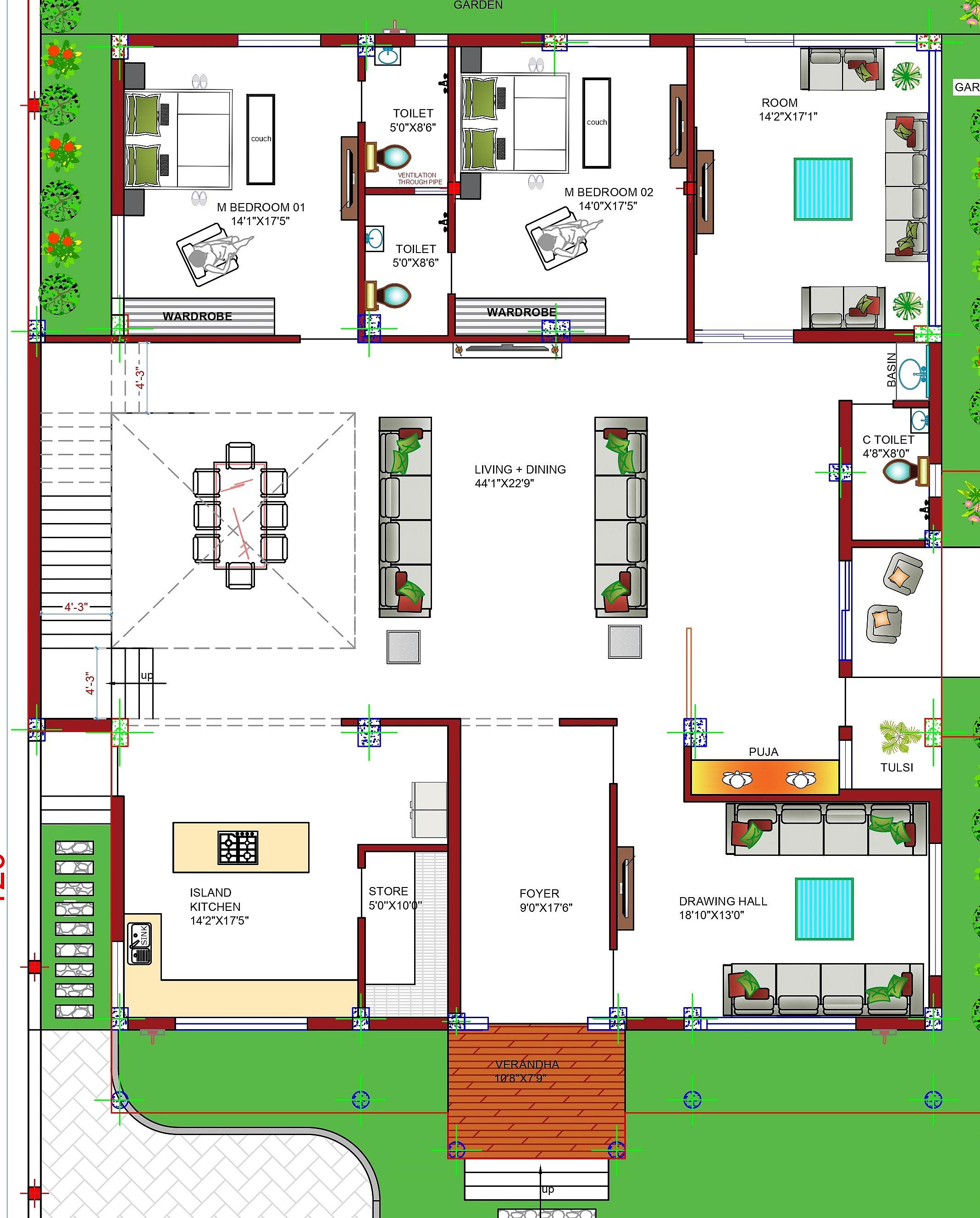 60X120 House Plan- 7200 sq ft Residential House Design at Vrindavan thumbnail 5 — Project ID 6365