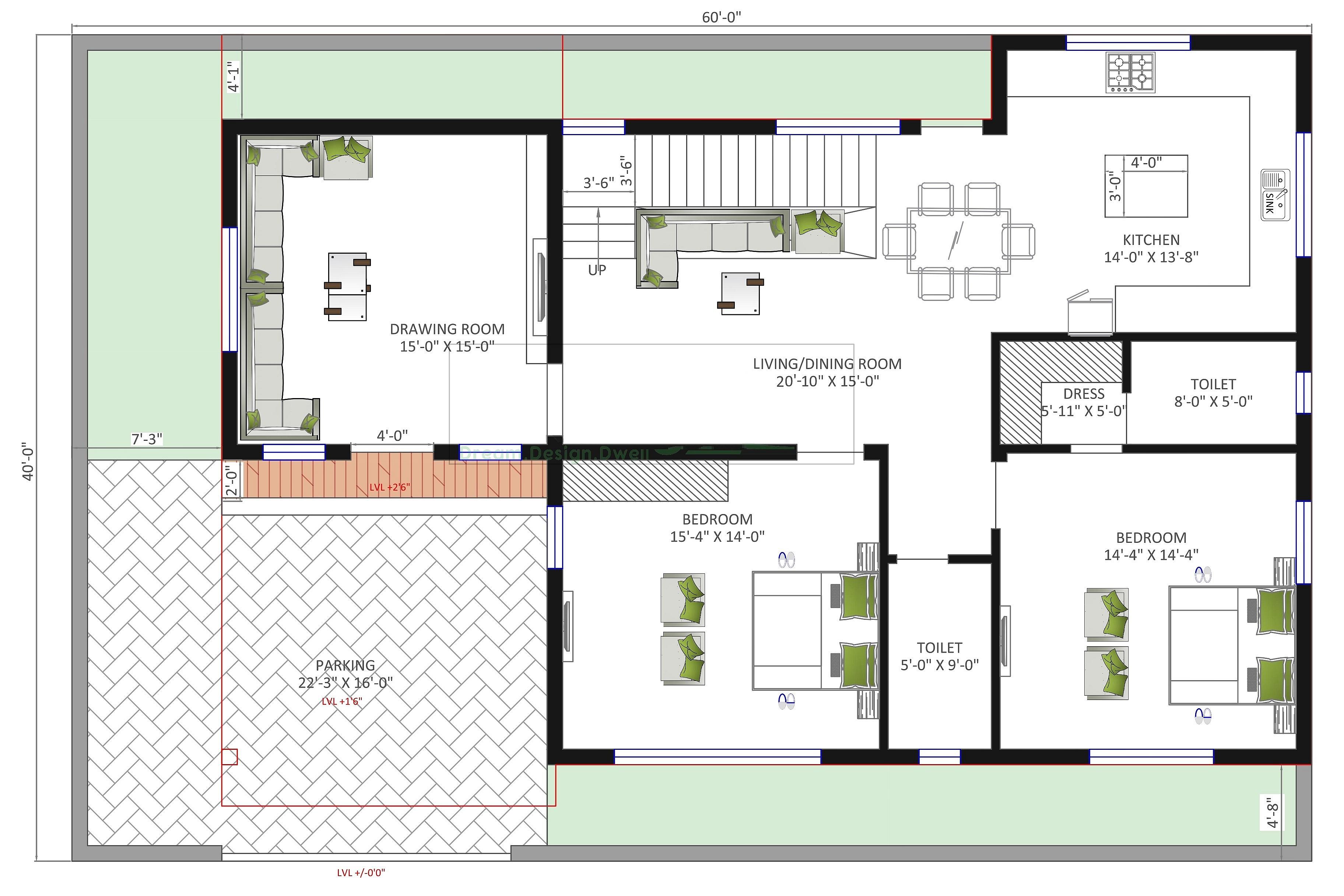 60X40 house plan- 2400 sqft Residential house design At Sanand thumbnail 4 — Project ID 6367