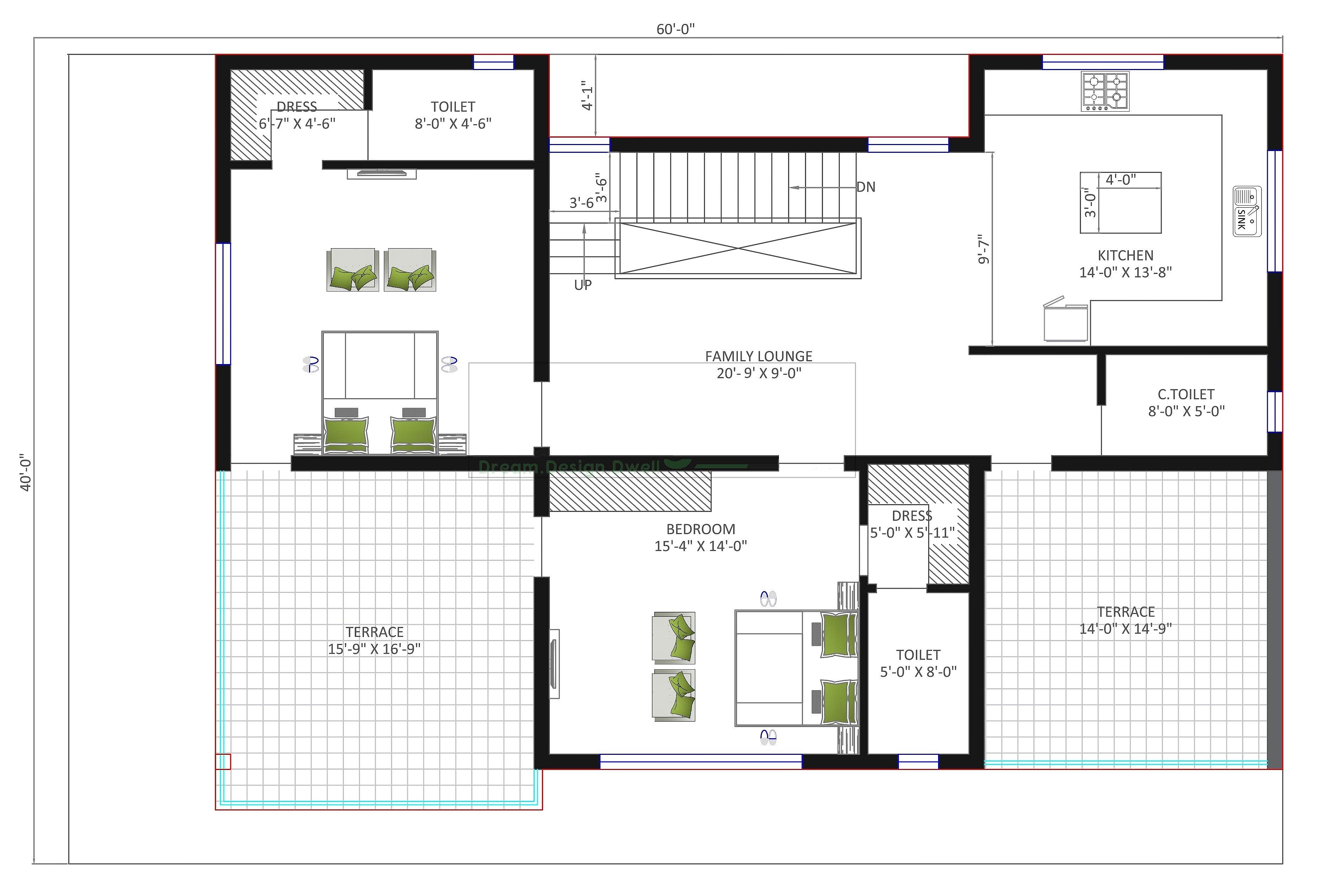 60X40 house plan- 2400 sqft Residential house design At Sanand thumbnail 5 — Project ID 6367
