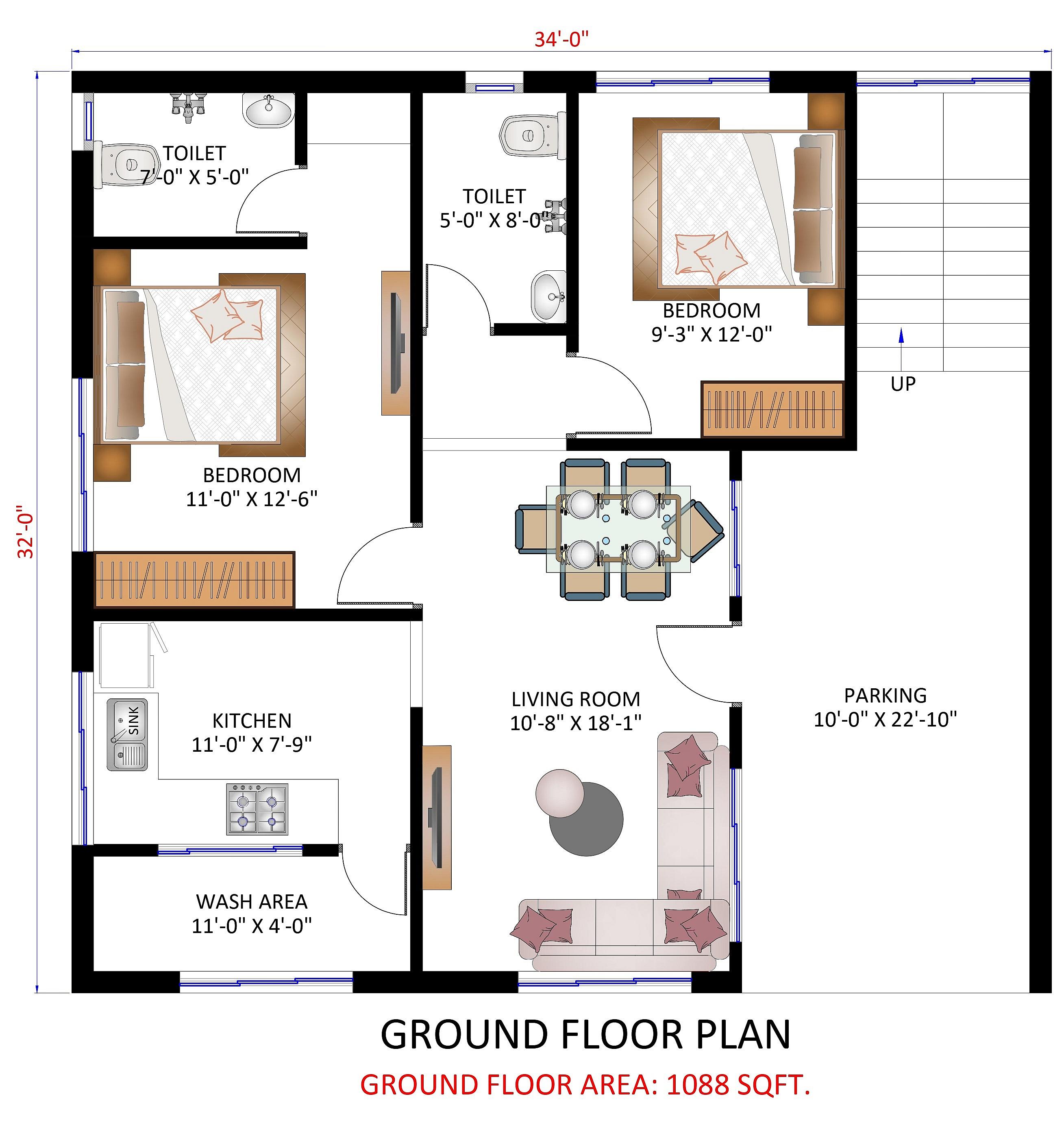 34X32 house plan- 1088 sqft Residential Cum Commercial house design At Lakhisarai [BR]