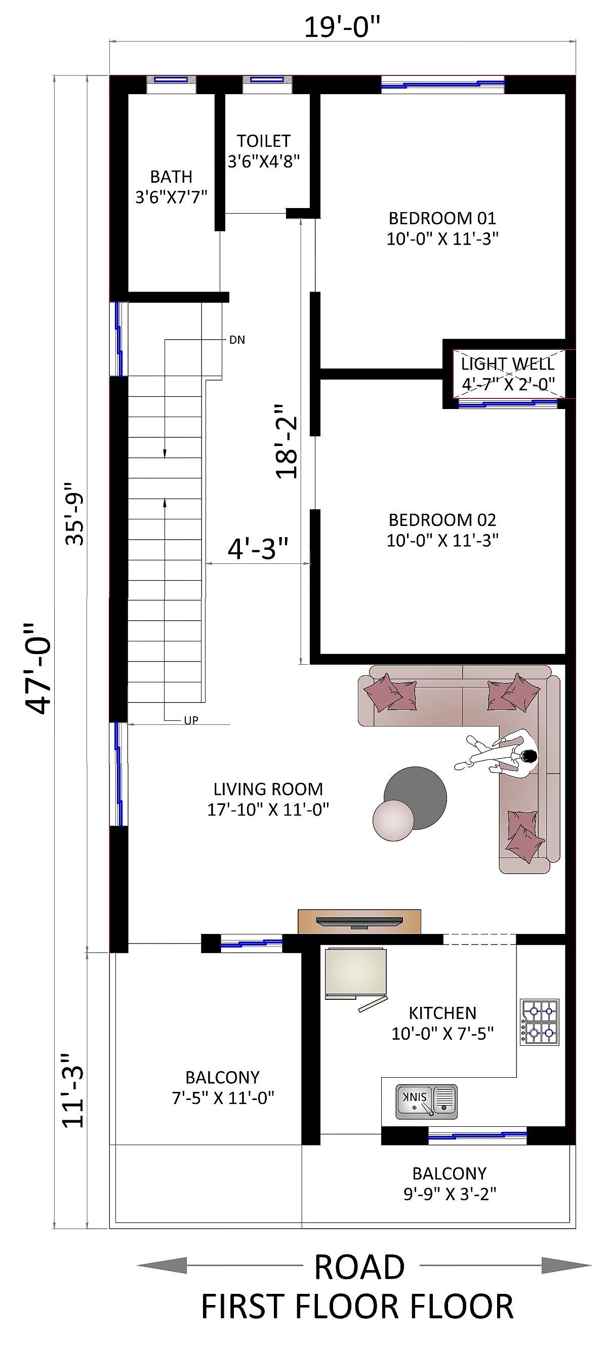 20X47 House plan- 940 sqft Residential house design At Borsad thumbnail 3 — Project ID 6384