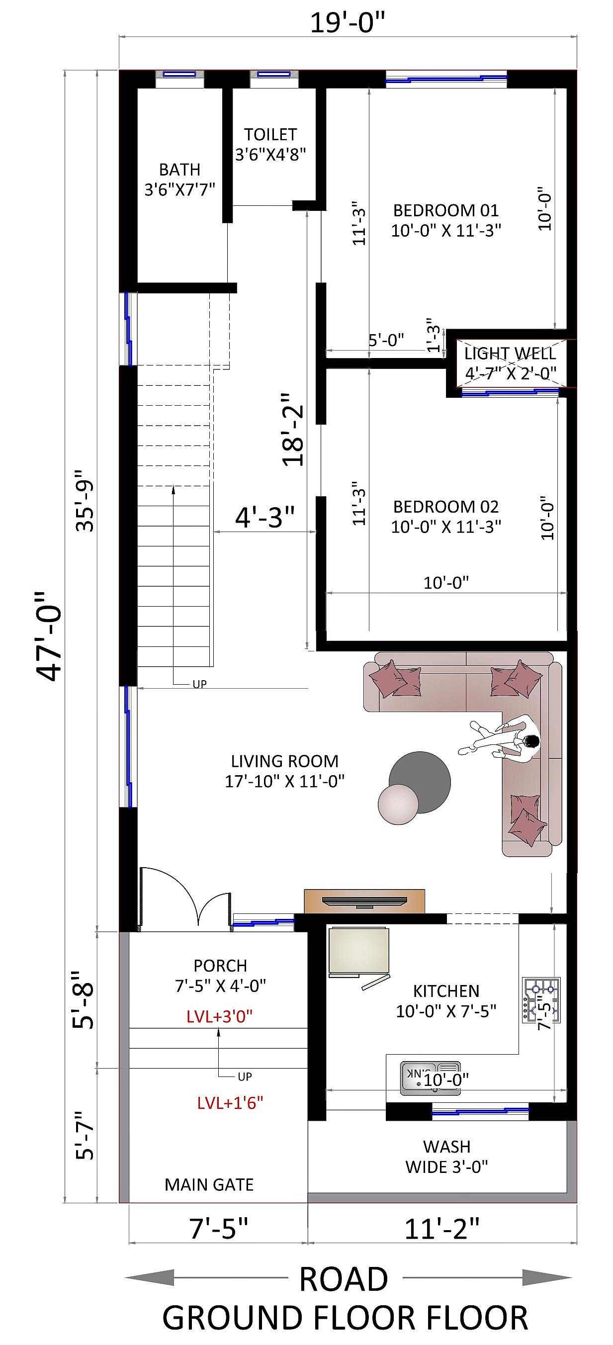 20X47 House plan- 940 sqft Residential house design At Borsad thumbnail 2 — Project ID 6384