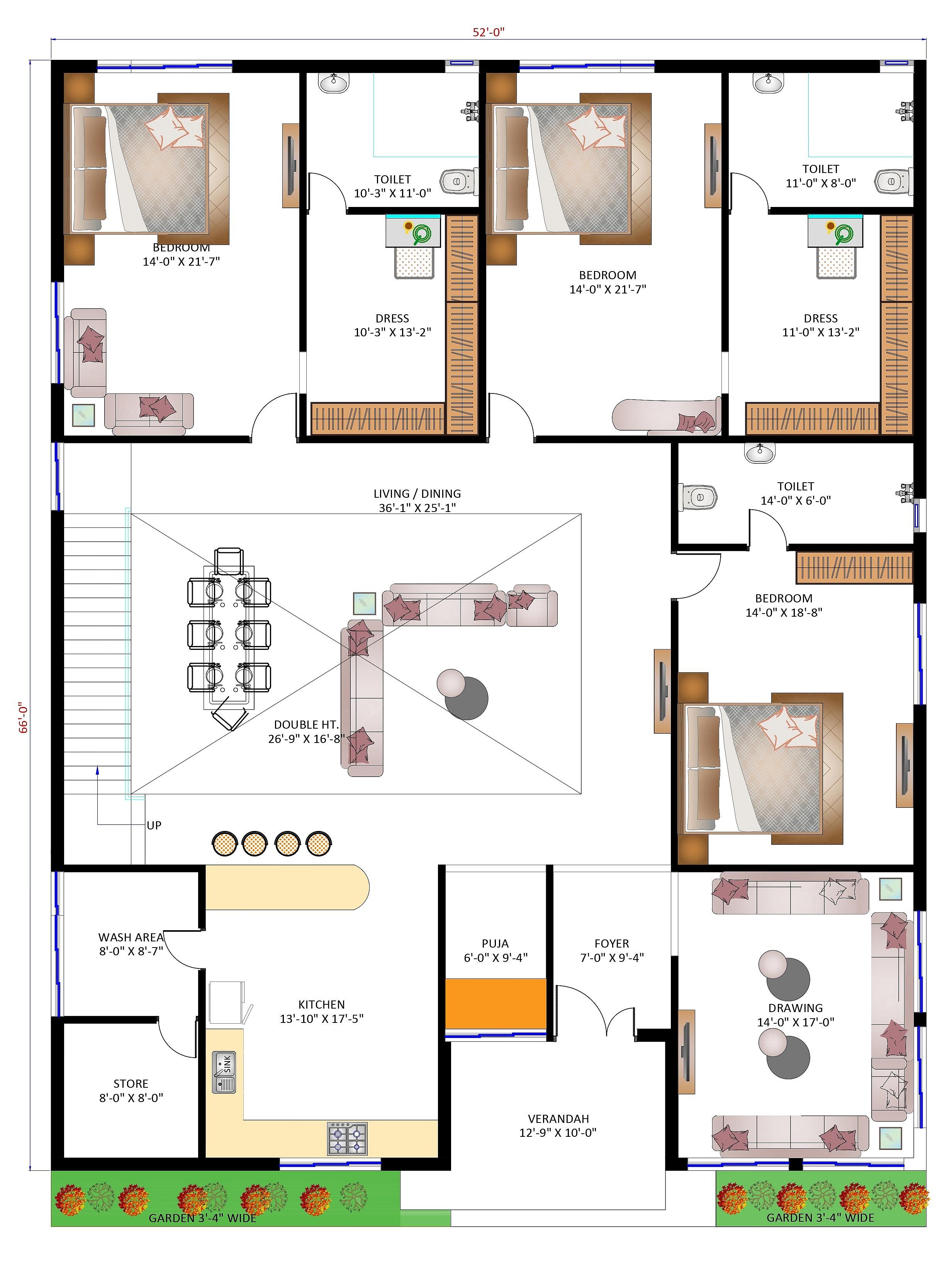 52X66 house plan- 3432 sqft Residential house design At Raipur thumbnail 2 — Project ID 6386