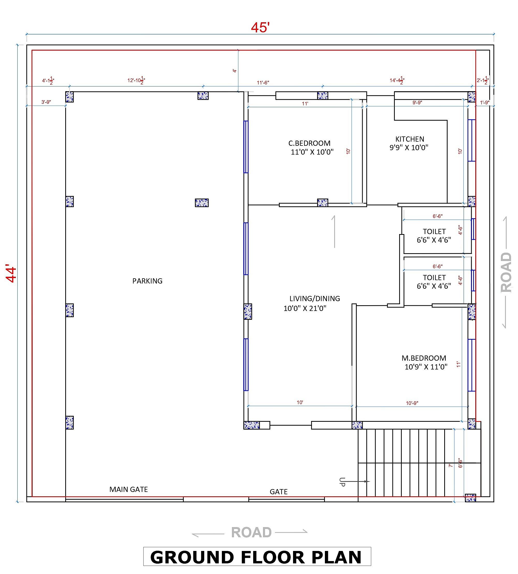 45X44 house plan- 1980 sqft Residential Cum Commercial house design At Hyderabad thumbnail 2 — Project ID 6388