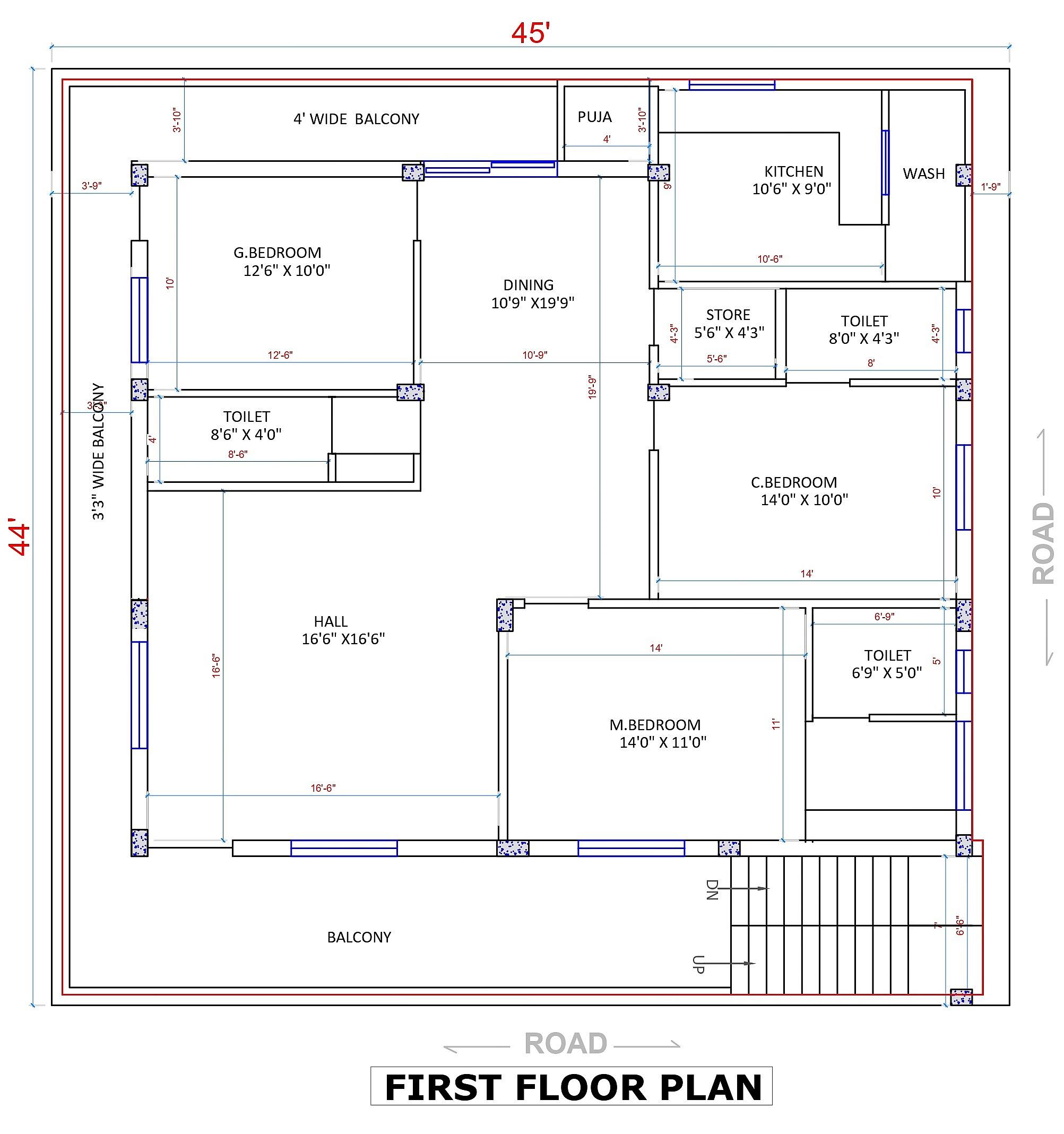 45X44 house plan- 1980 sqft Residential Cum Commercial house design At Hyderabad thumbnail 3 — Project ID 6388