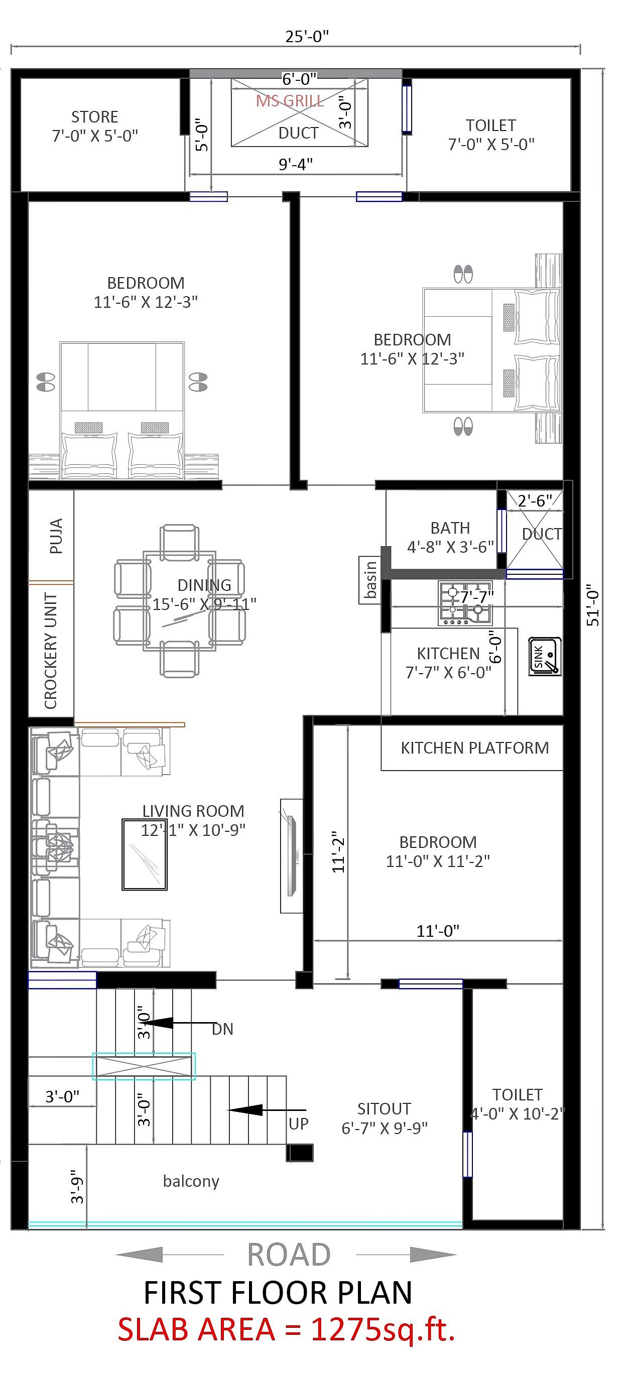 25X48 house plan- 1200 sqft Residential house design At Agra thumbnail 3 — Project ID 6389