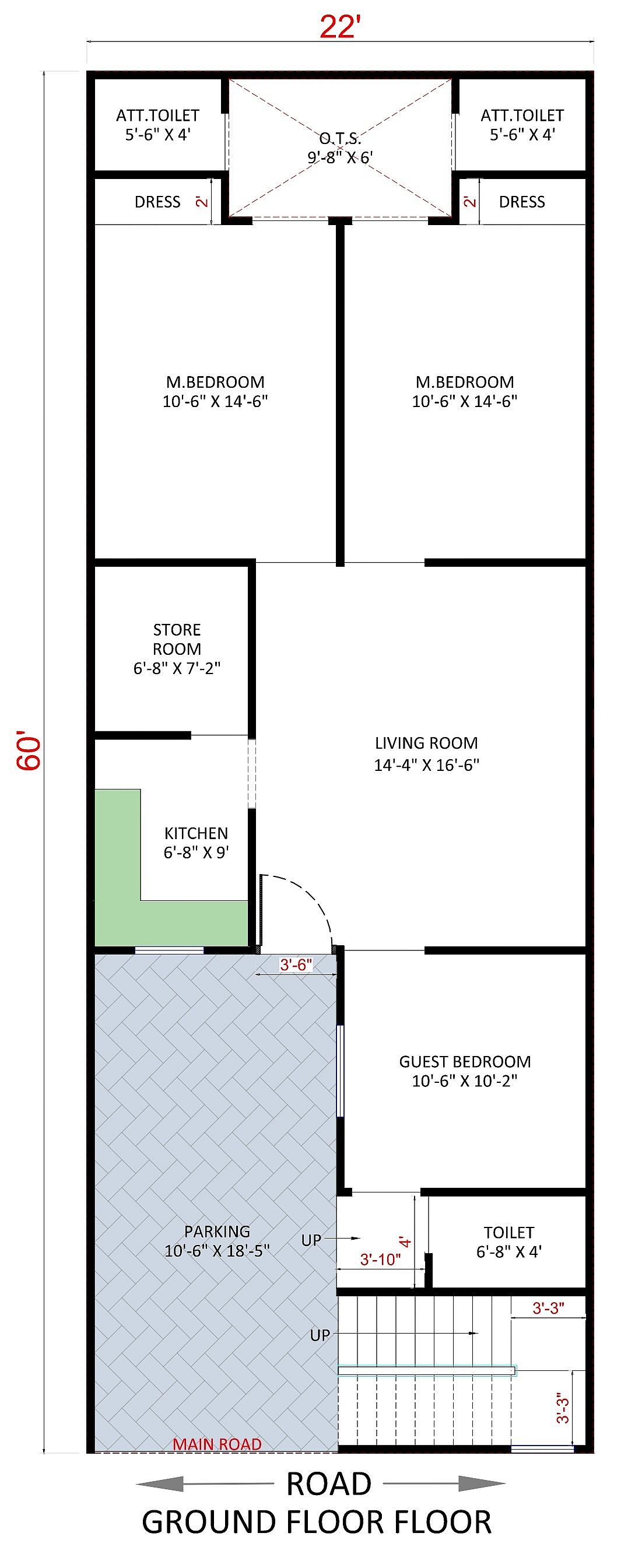 22X60 house plan- 1320 sqft Residential house design At Lucknow thumbnail 2 — Project ID 6407