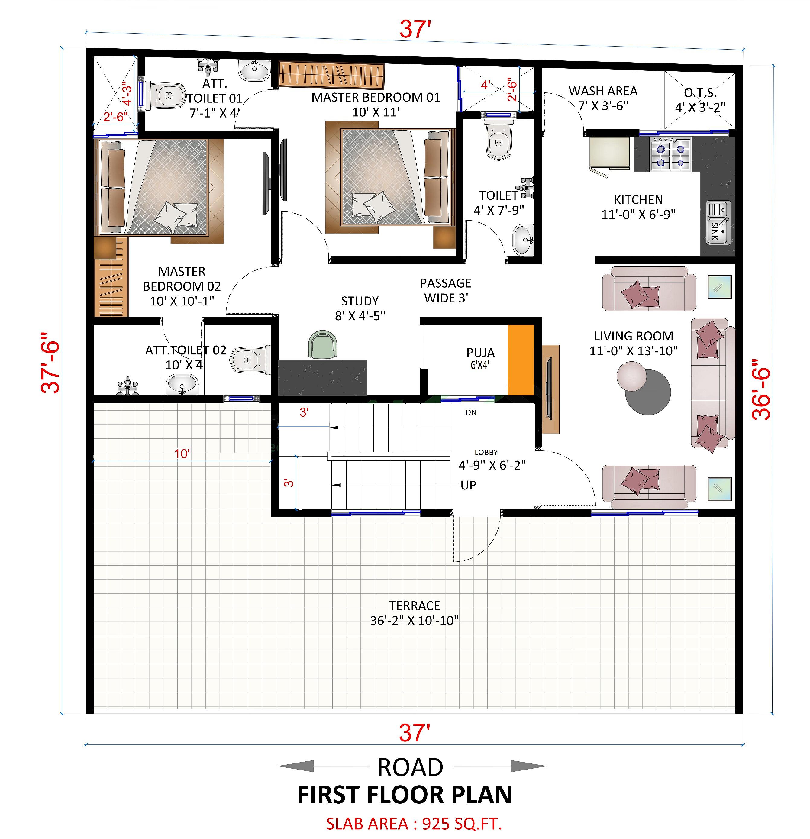 37X38 house plan- 1406 sqft Residential house design At Ghaziabad thumbnail 3 — Project ID 6431