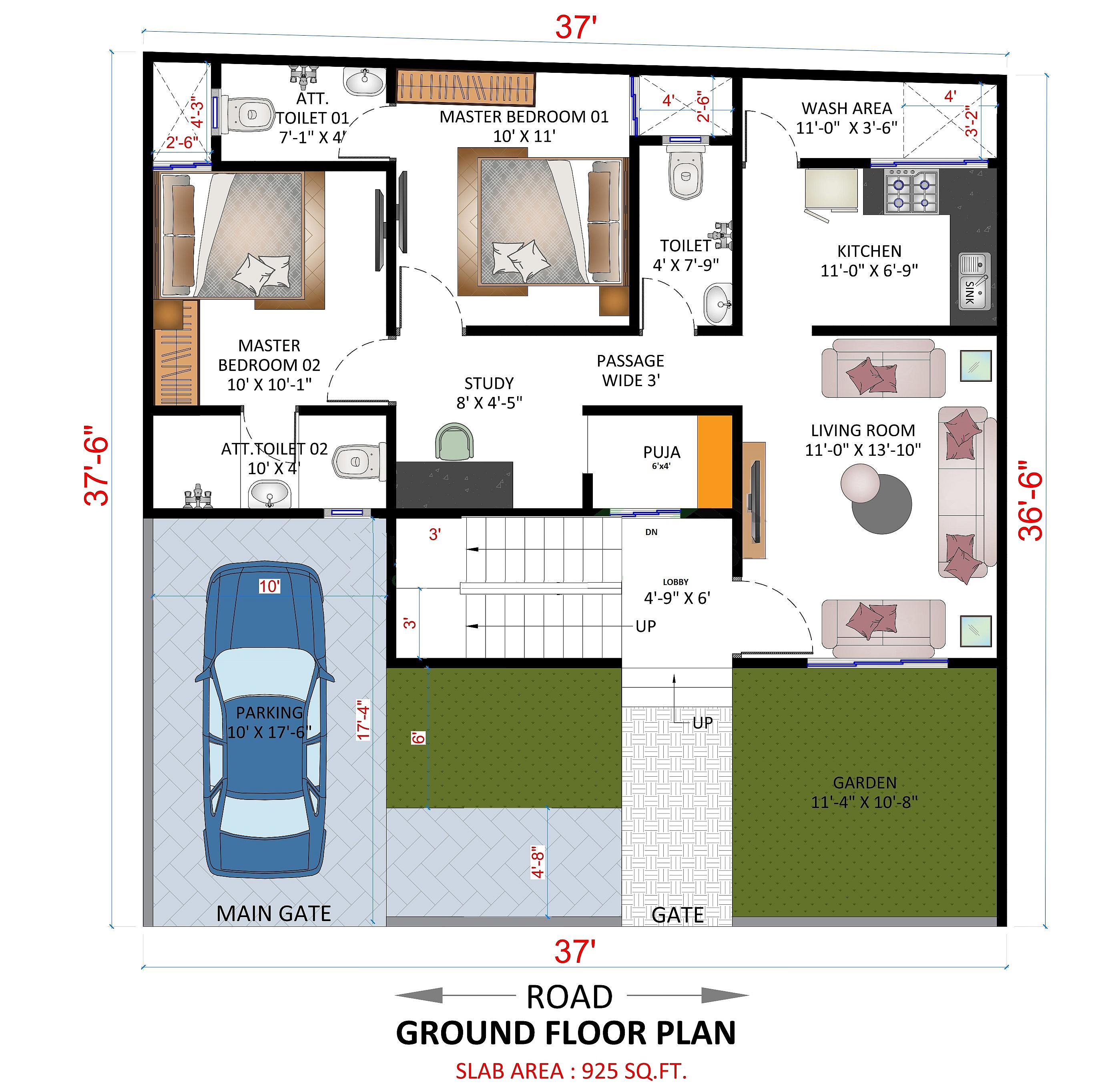 37X38 house plan- 1406 sqft Residential house design At Ghaziabad thumbnail 2 — Project ID 6431