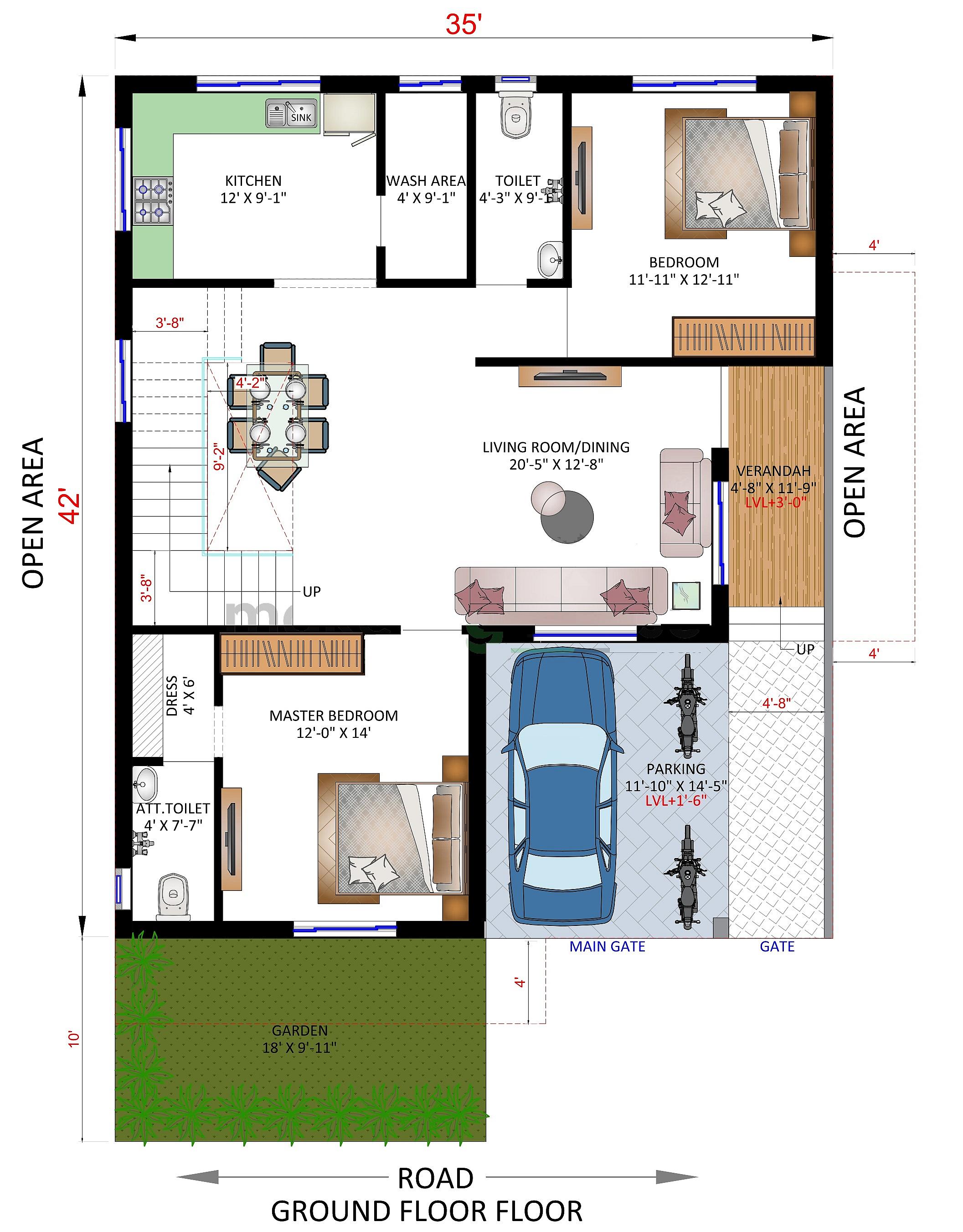 35X42 house plan- 1470 sqft Residential house design At Kulti thumbnail 2 — Project ID 6452