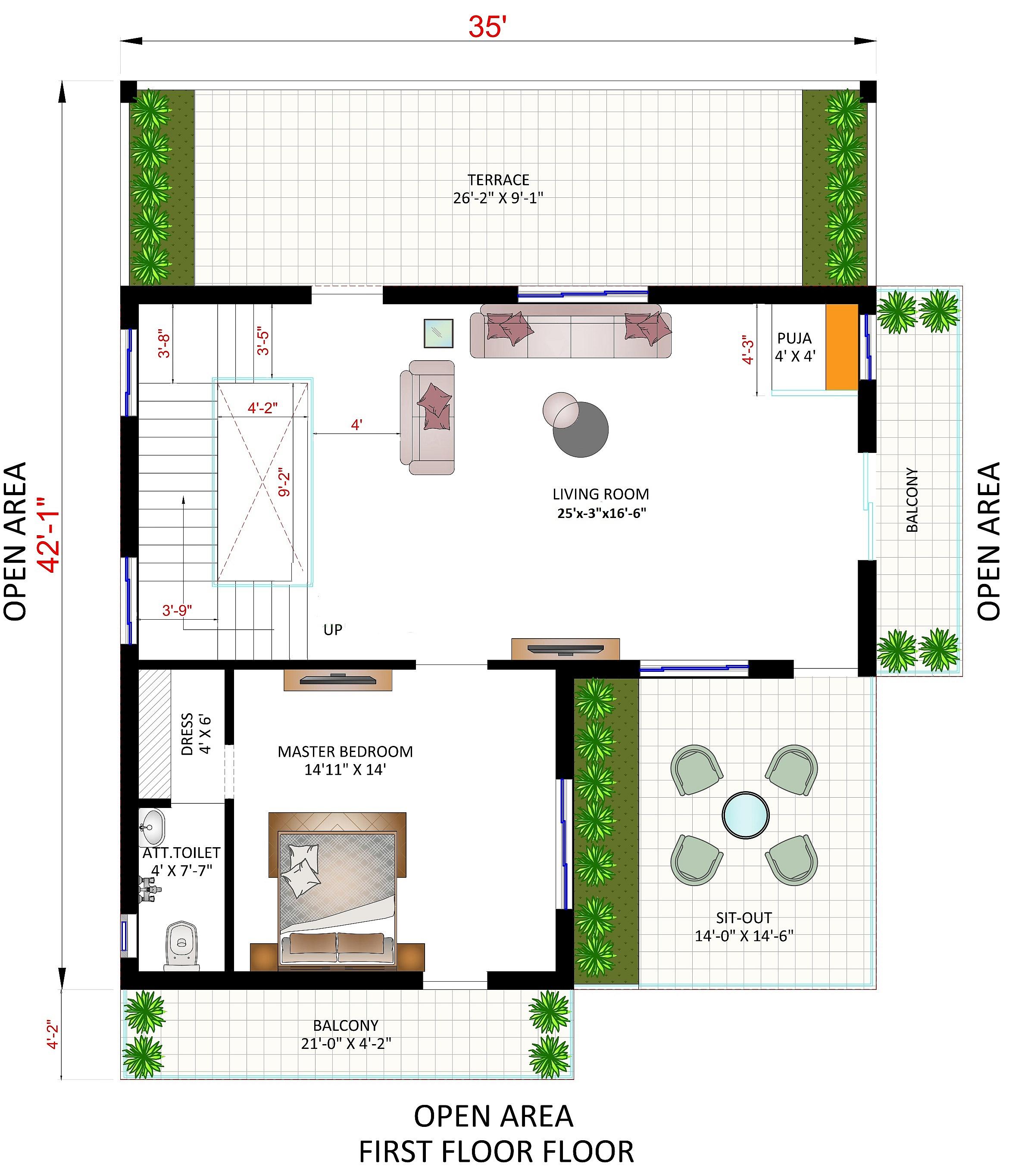 35X42 house plan- 1470 sqft Residential house design At Kulti thumbnail 3 — Project ID 6452
