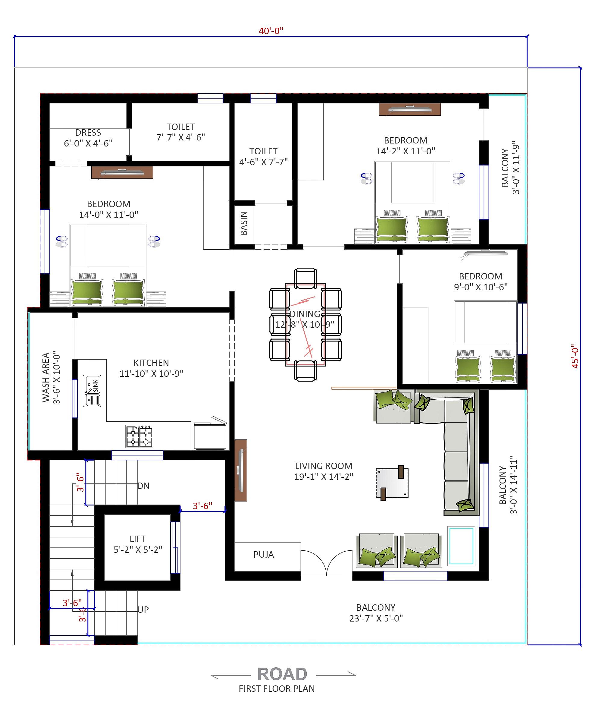 40X45 house plan- 1800 sqft Residential house design At Sangareddy thumbnail 3 — Project ID 6471