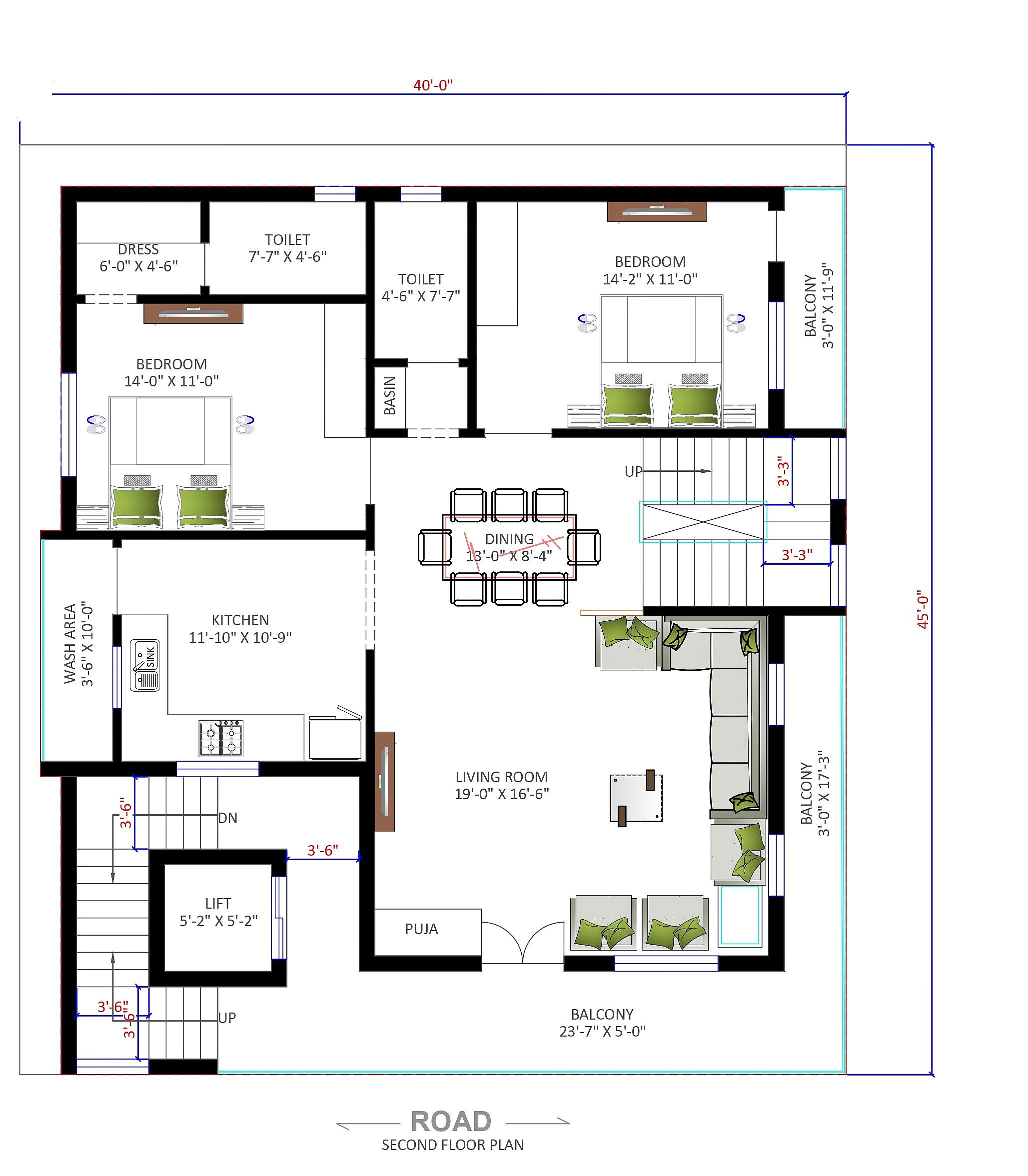 40X45 house plan- 1800 sqft Residential house design At Sangareddy thumbnail 4 — Project ID 6471