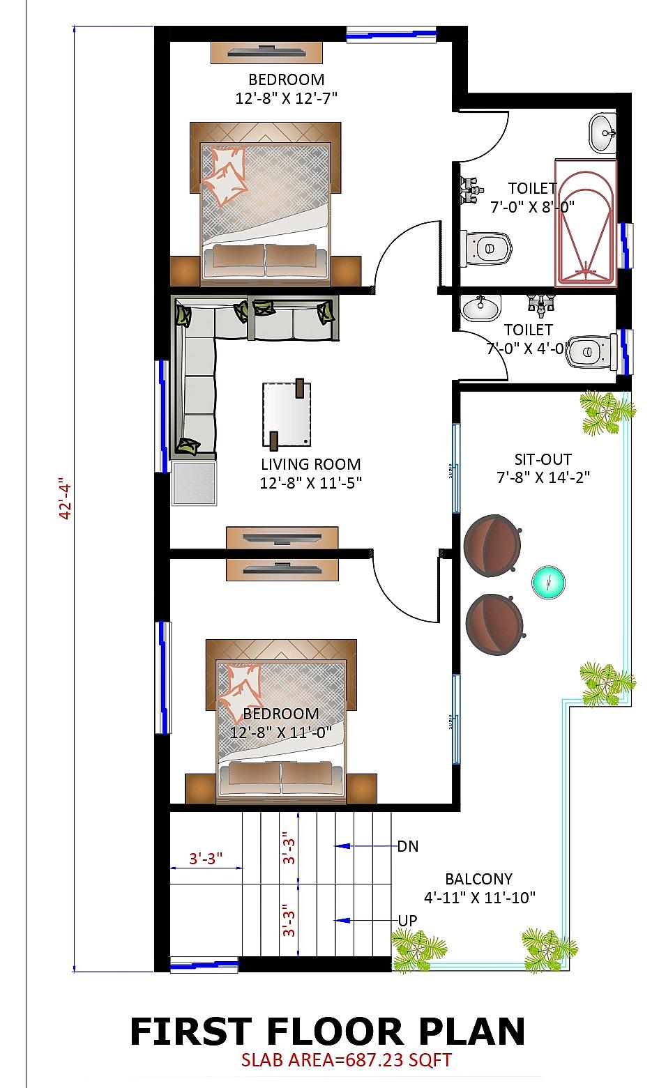 45X40 house plan- 1800 sqft Residential house design At Bhopal thumbnail 3 — Project ID 6482