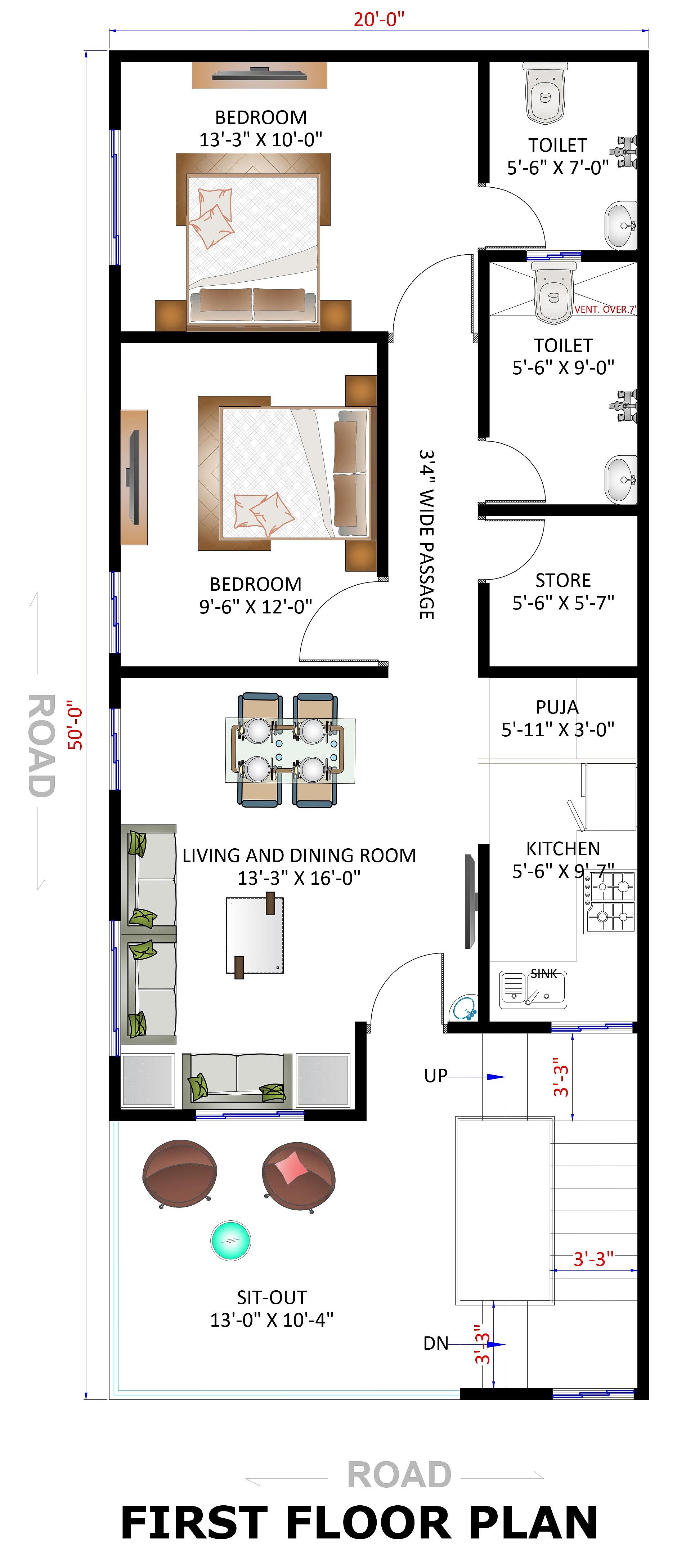 20X50 house plan- 1000 sqft Residential house design At Rajgarh thumbnail 2 — Project ID 6483