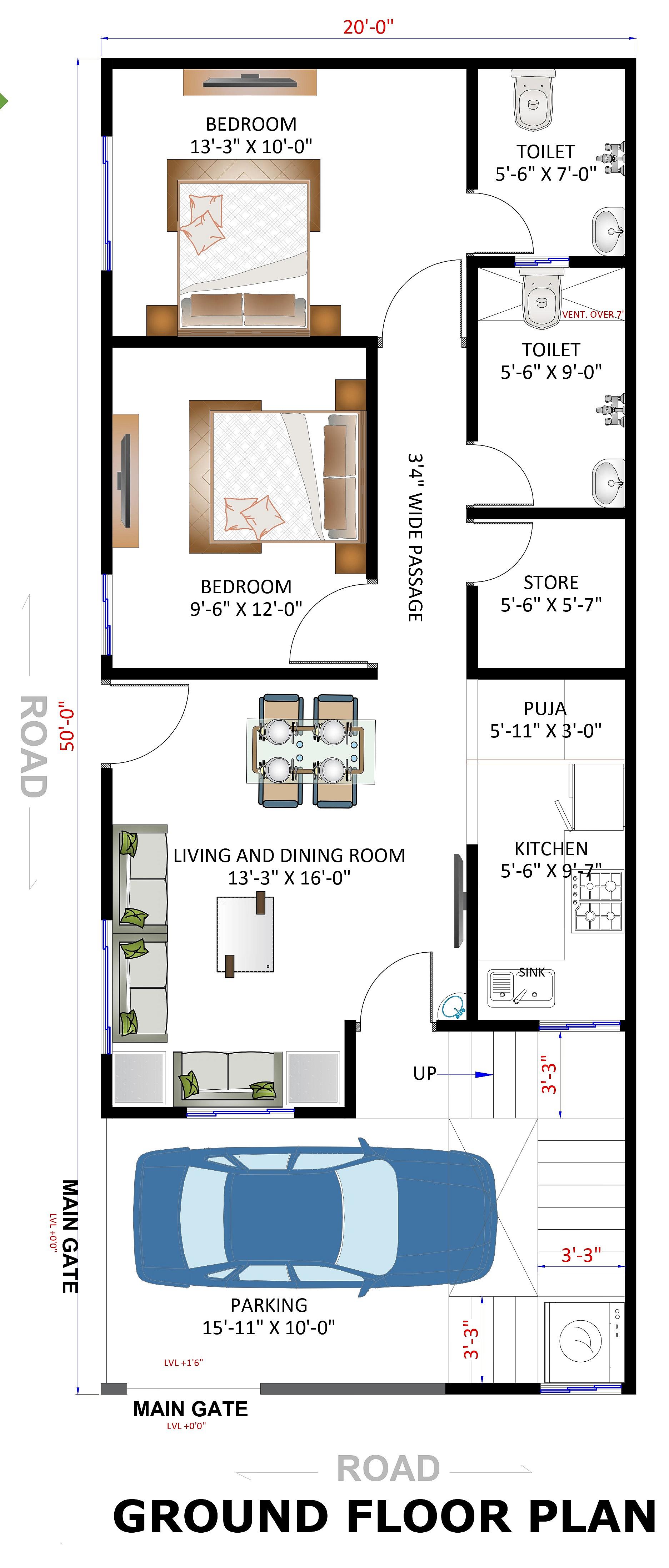 20X50 house plan- 1000 sqft Residential house design At Rajgarh — photo 1 — Project ID 6483