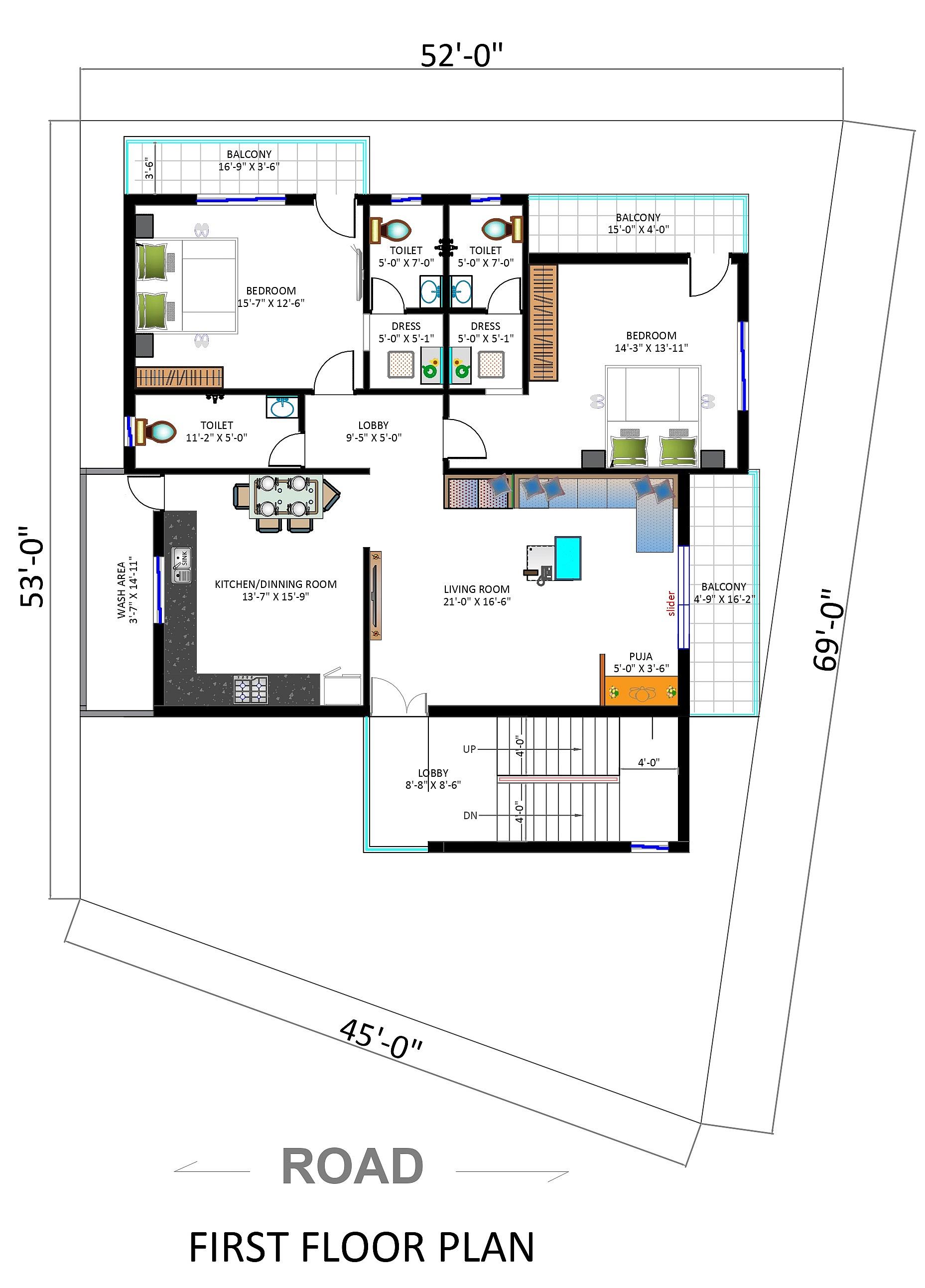 52X53 house plan- 2756 sqft Residential house design At Ramnagar thumbnail 3 — Project ID 6487