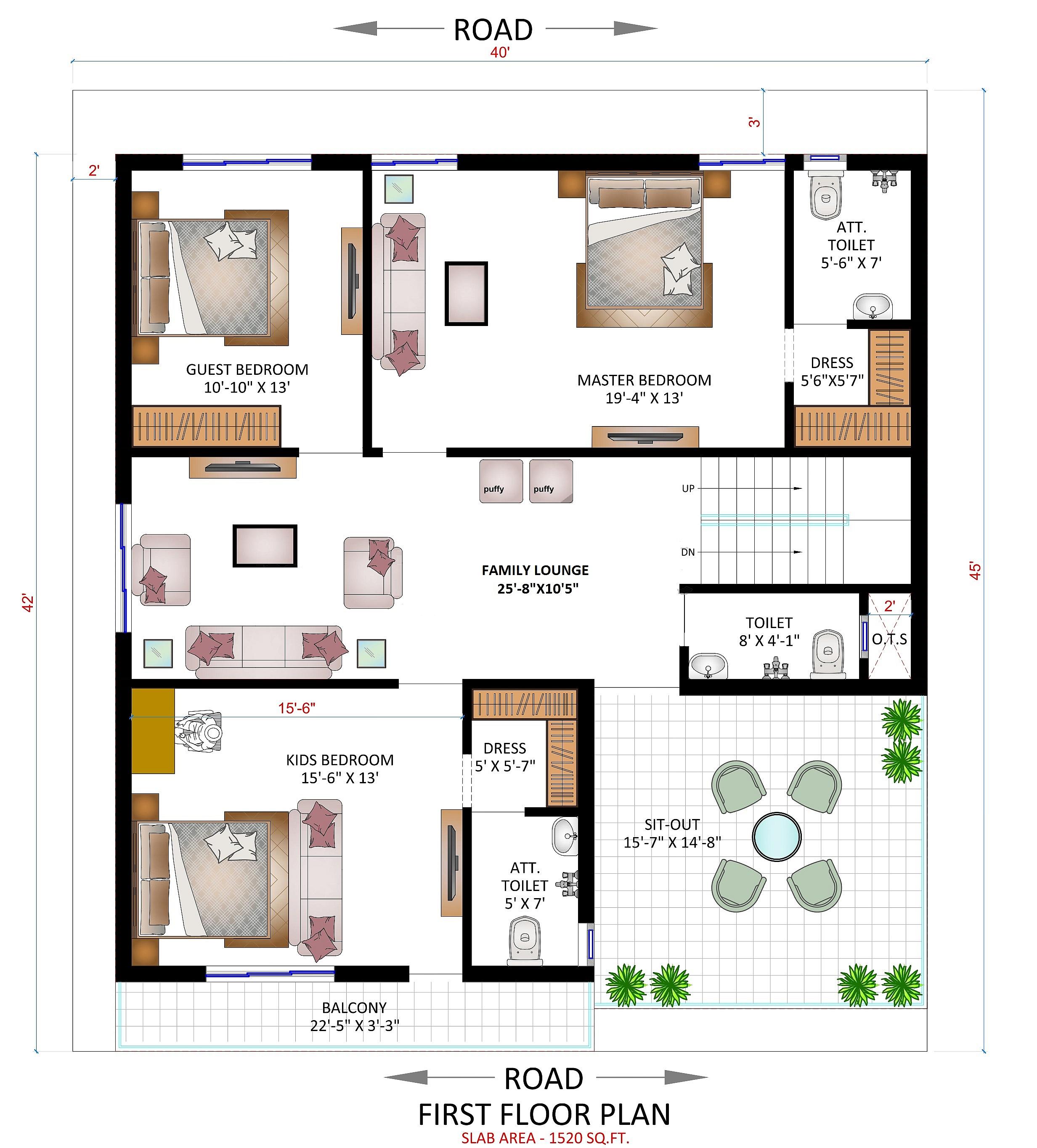 40X45 House Plan- 1800 sq ft Residential House Design at Mandsaur thumbnail 3 — Project ID 6488